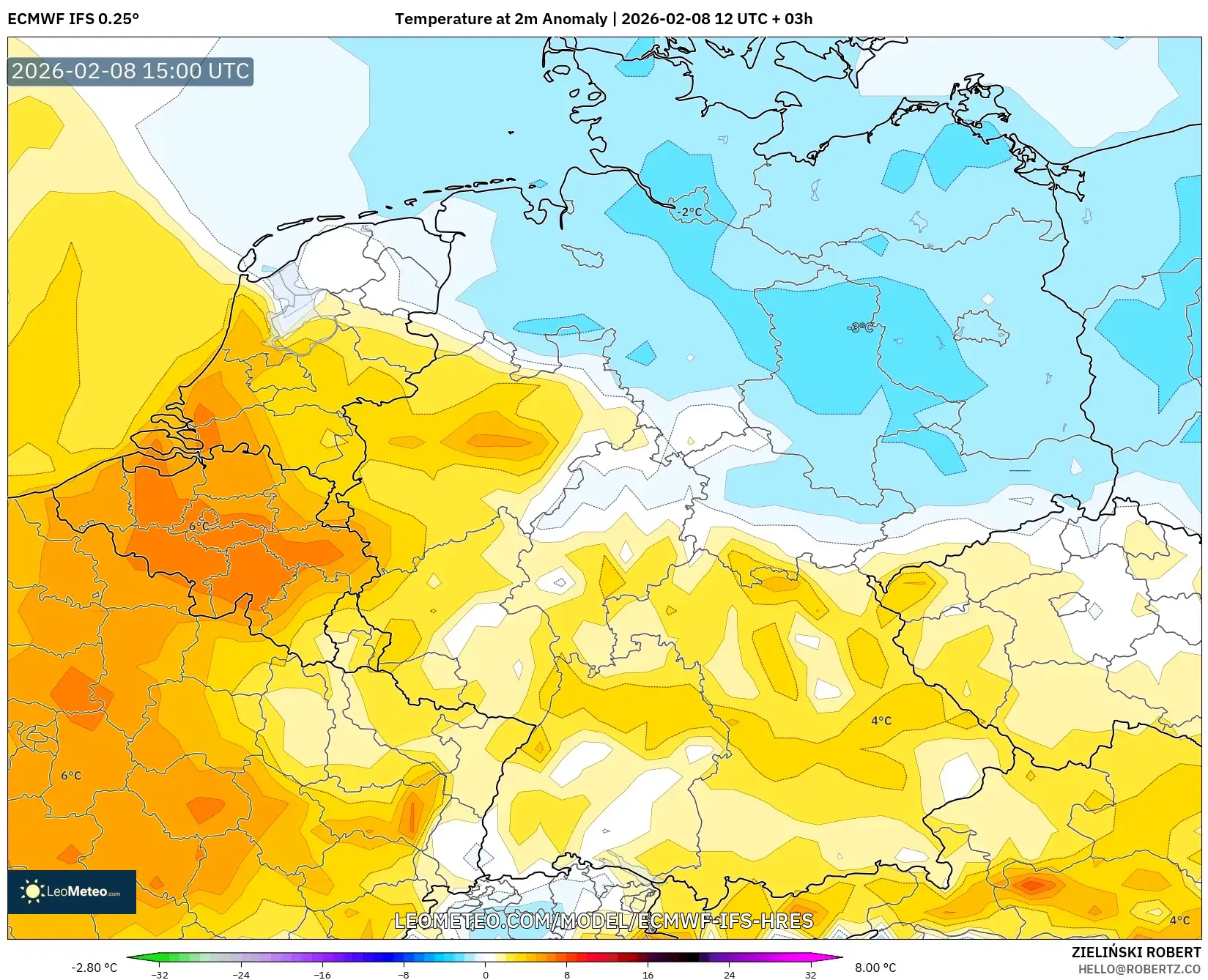 ECMWF IFS 0.25° model - Germany, Temperature at 2m Anomaly