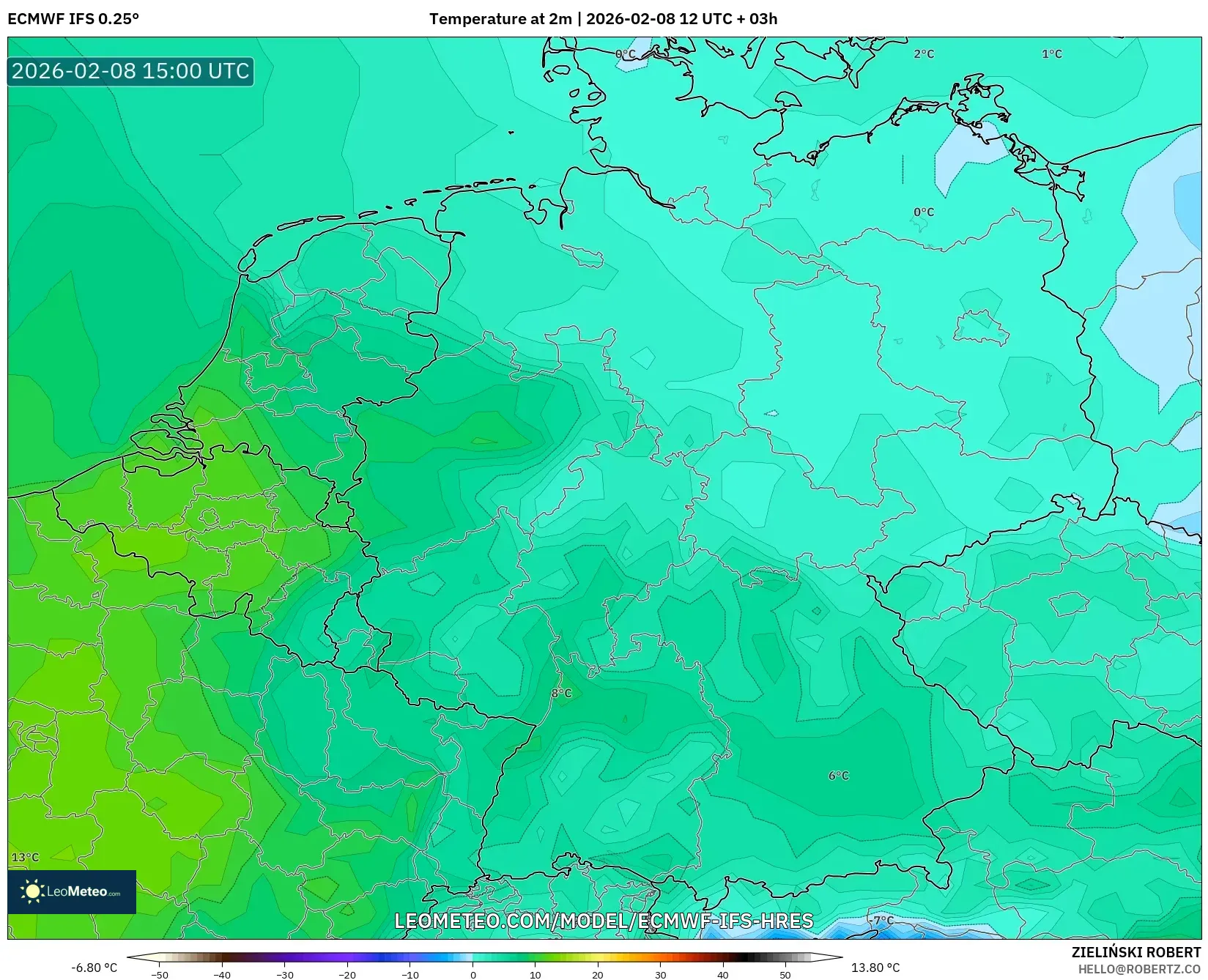 ECMWF IFS 0.25° model - Germany, Temperature at 2m