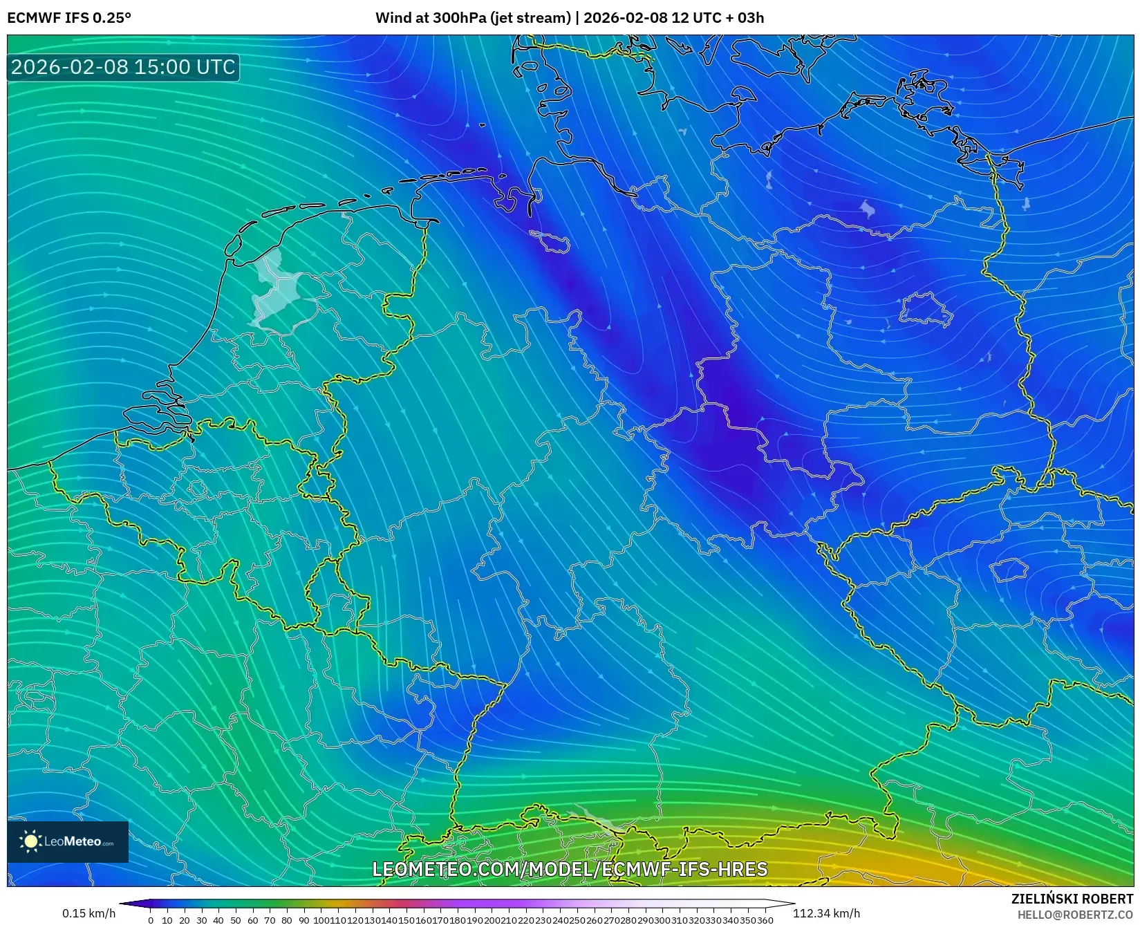 ECMWF IFS 0.25° model - Germany, Wind at 300hPa (jet stream)