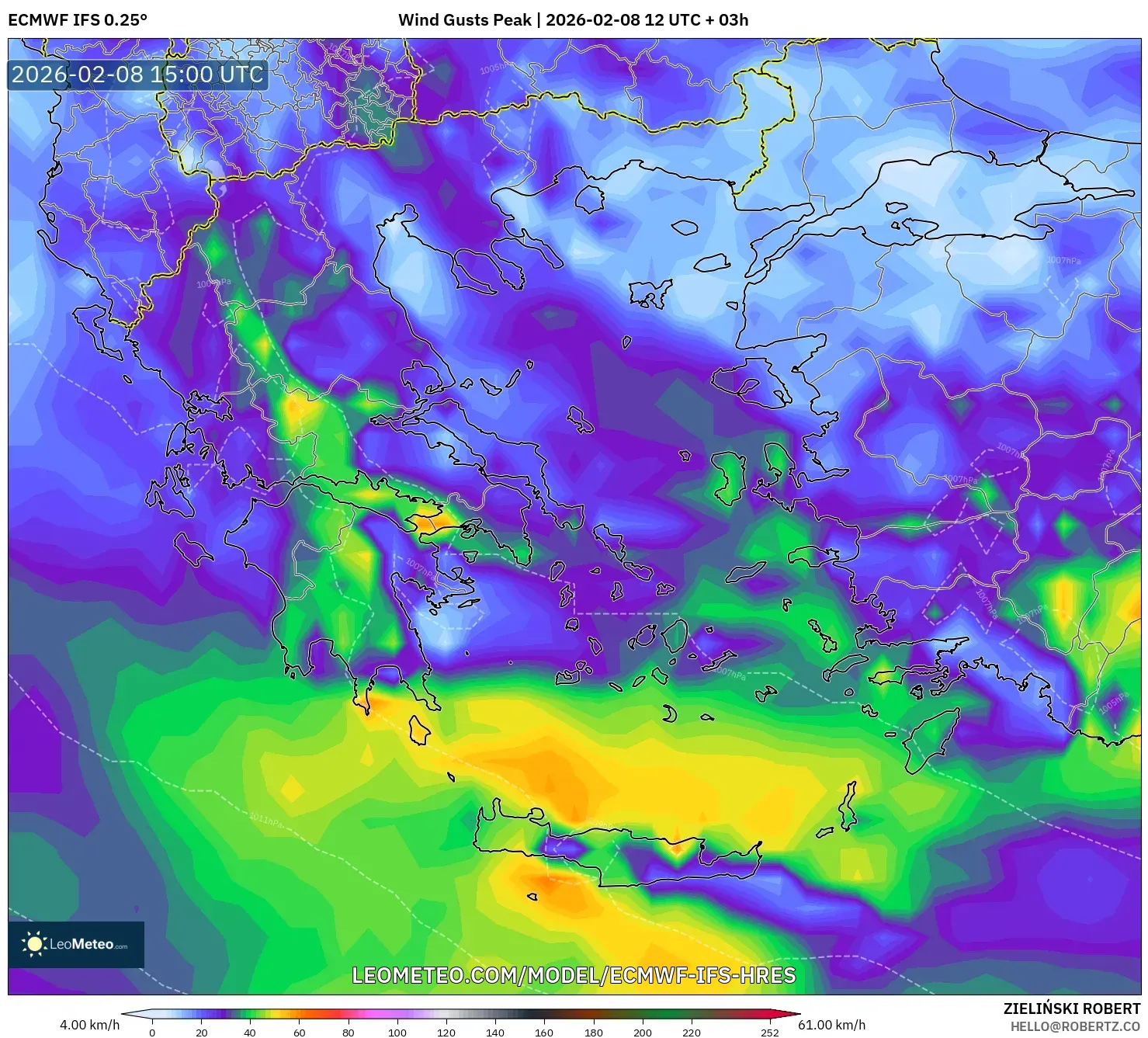 ECMWF IFS 0.25° model - Greece, Wind Gusts Peak