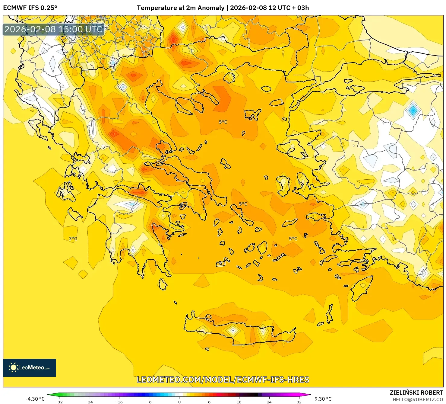 ECMWF IFS 0.25° model - Greece, Temperature at 2m Anomaly