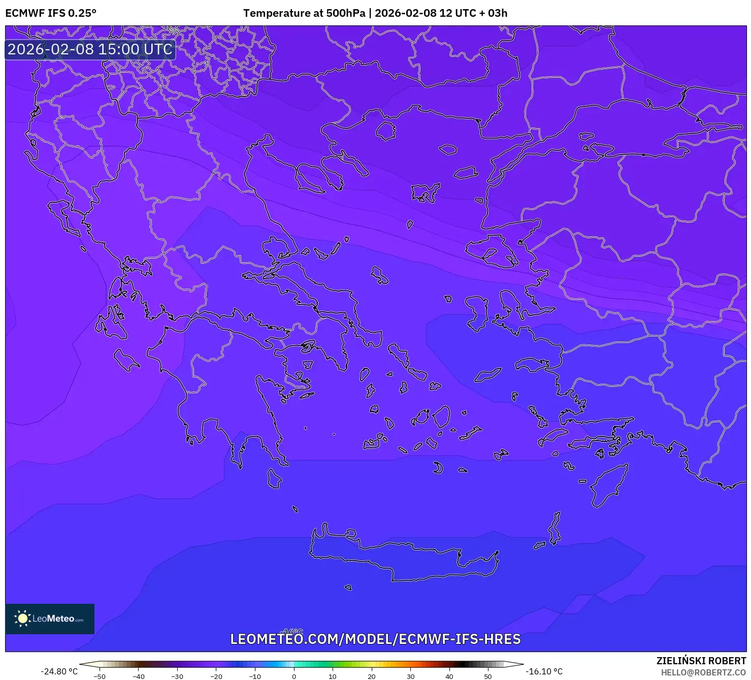 ECMWF IFS 0.25° model - Greece, Temperature at 500hPa