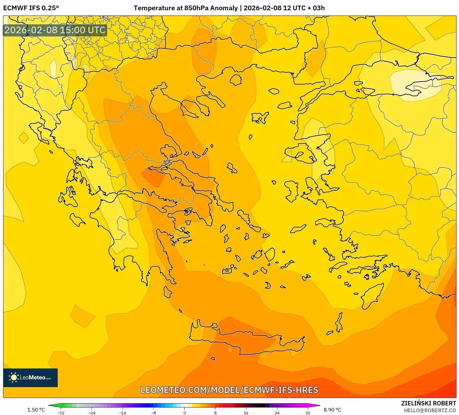 ECMWF IFS 0.25° model - Yunani, Anomali Suhu 850 hPa