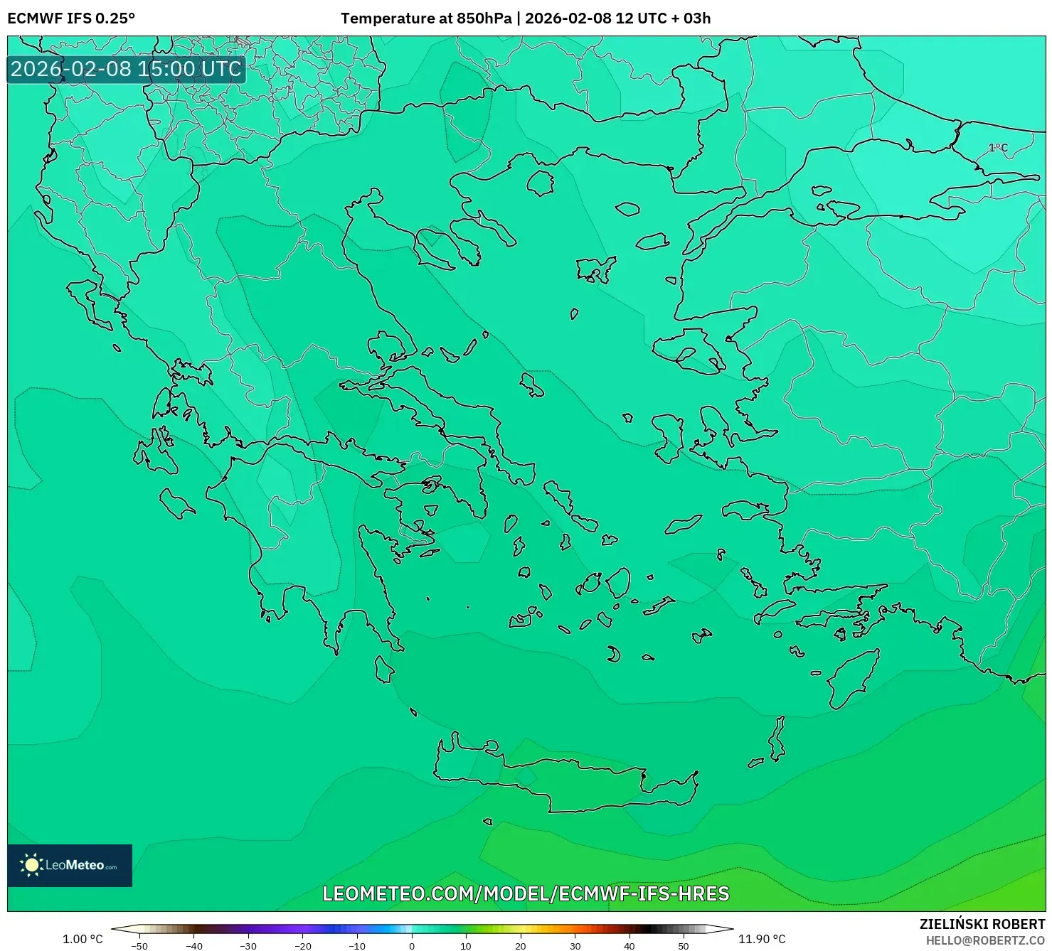 ECMWF IFS 0.25° model - Greece, Temperature at 850hPa