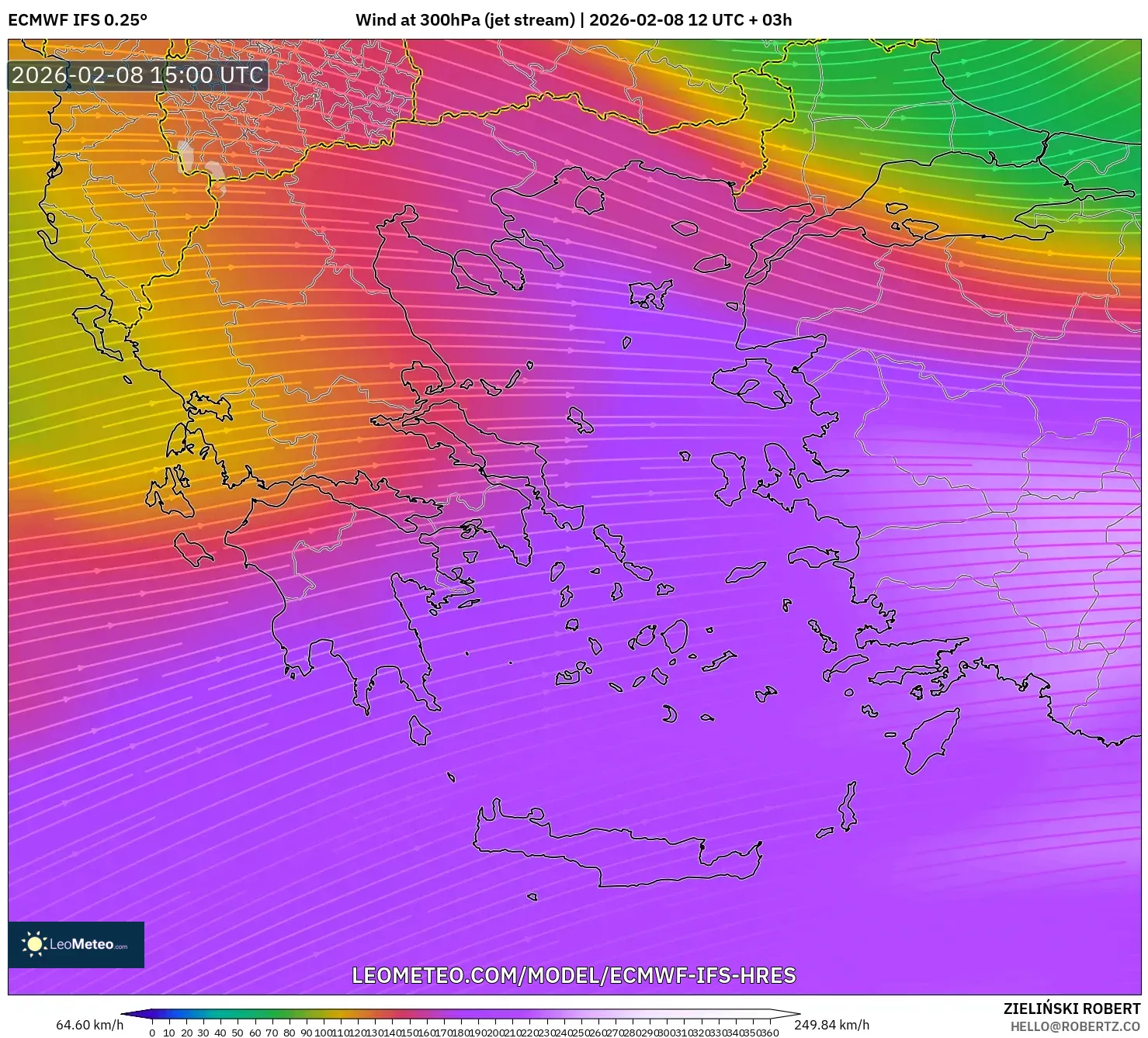 ECMWF IFS 0.25° model - Greece, Wind at 300hPa (jet stream)