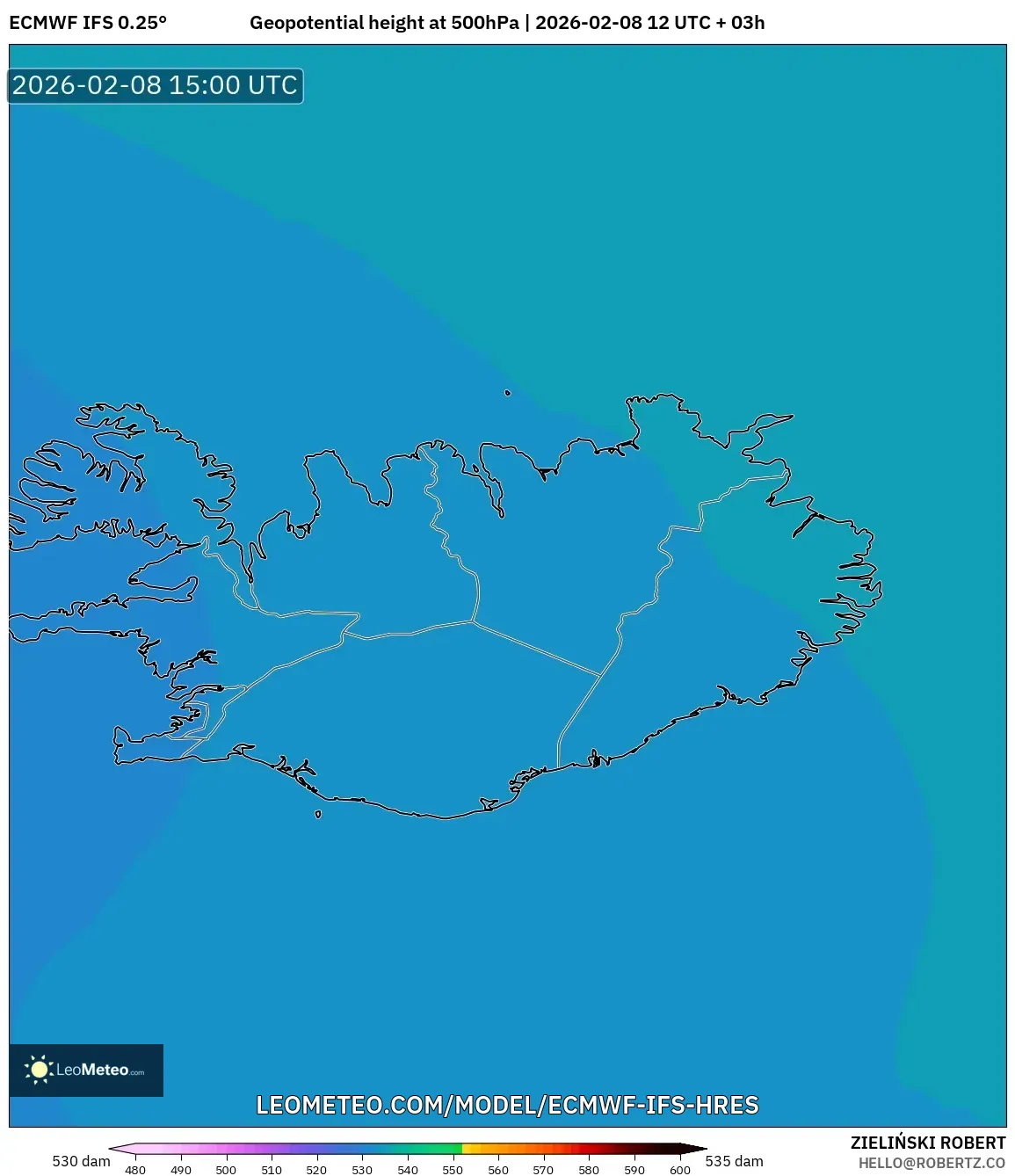 ECMWF IFS 0.25° model - Iceland, Geopotential height at 500hPa