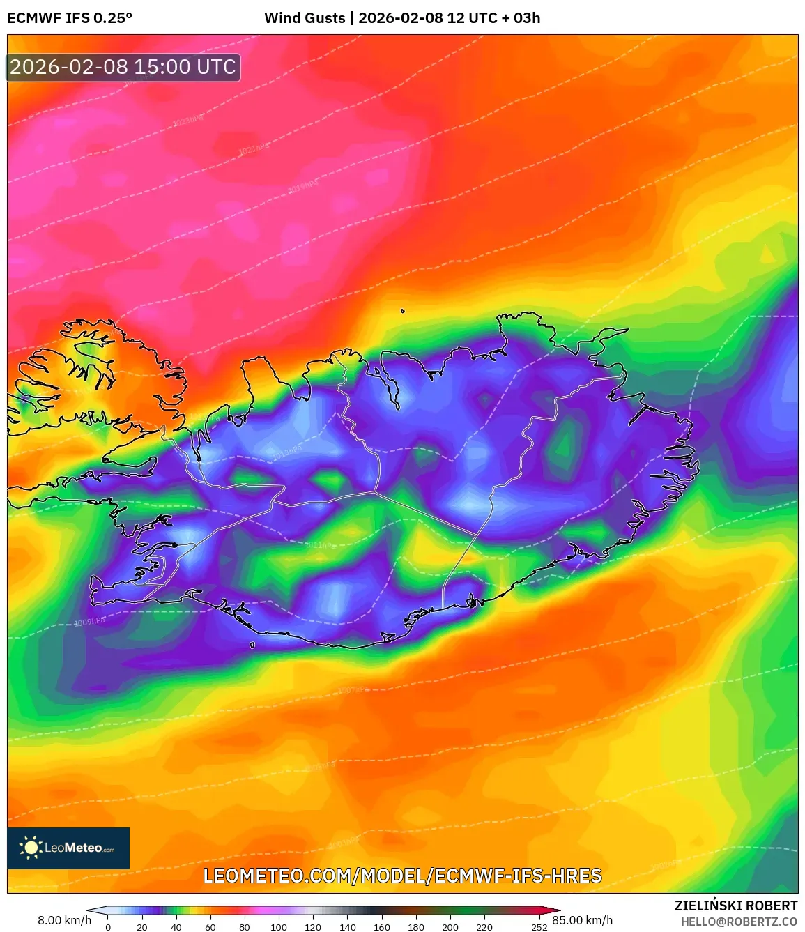 ECMWF IFS 0.25° model - Iceland, Wind Gusts