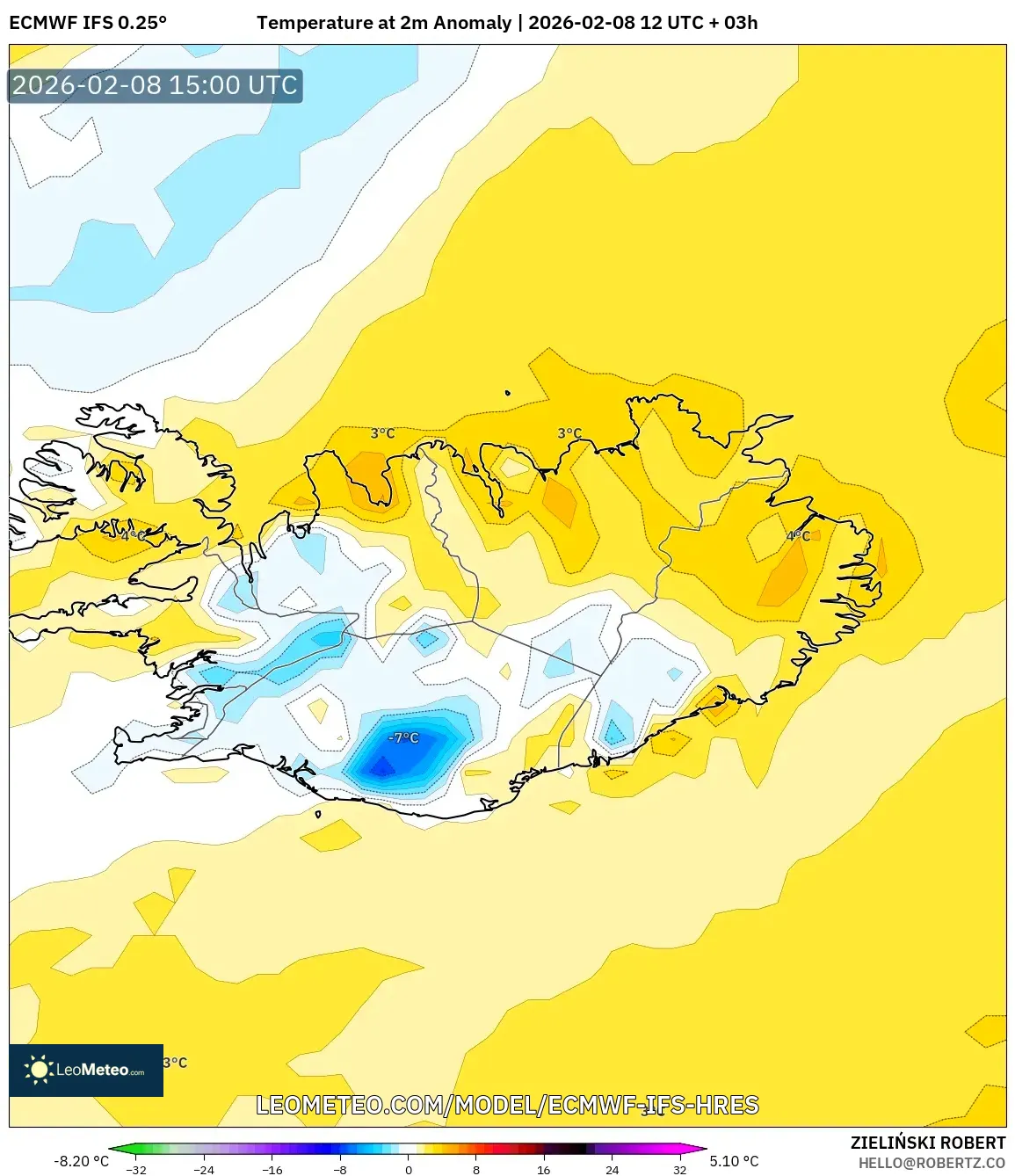 ECMWF IFS 0.25° model - Iceland, Temperature at 2m Anomaly
