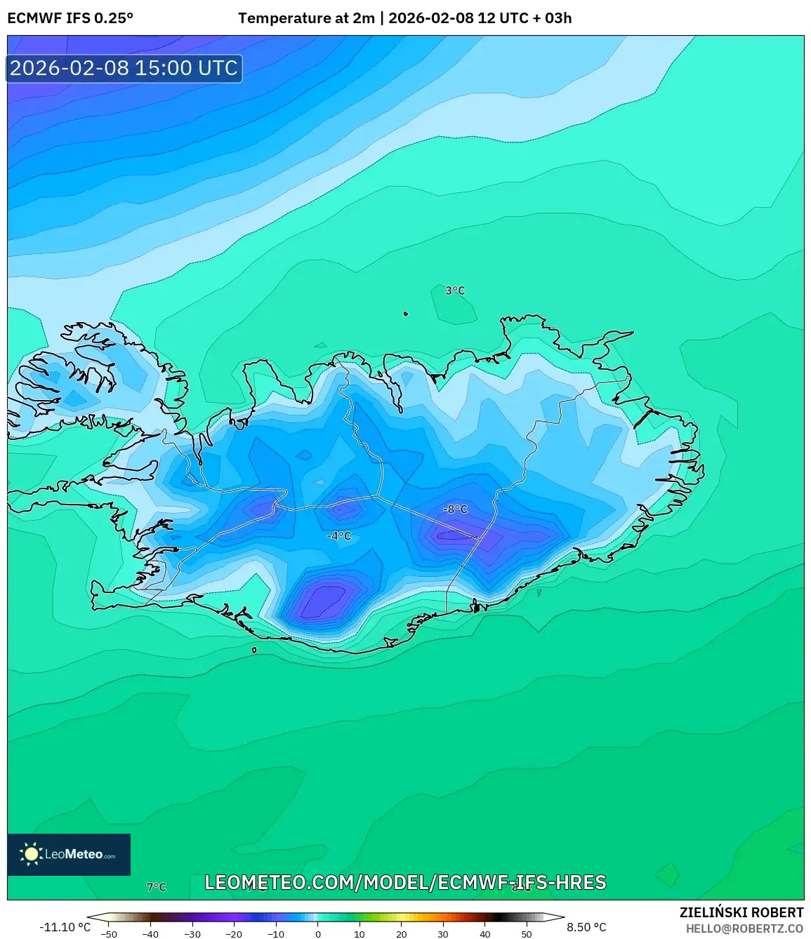 ECMWF IFS 0.25° model - Iceland, Temperature at 2m