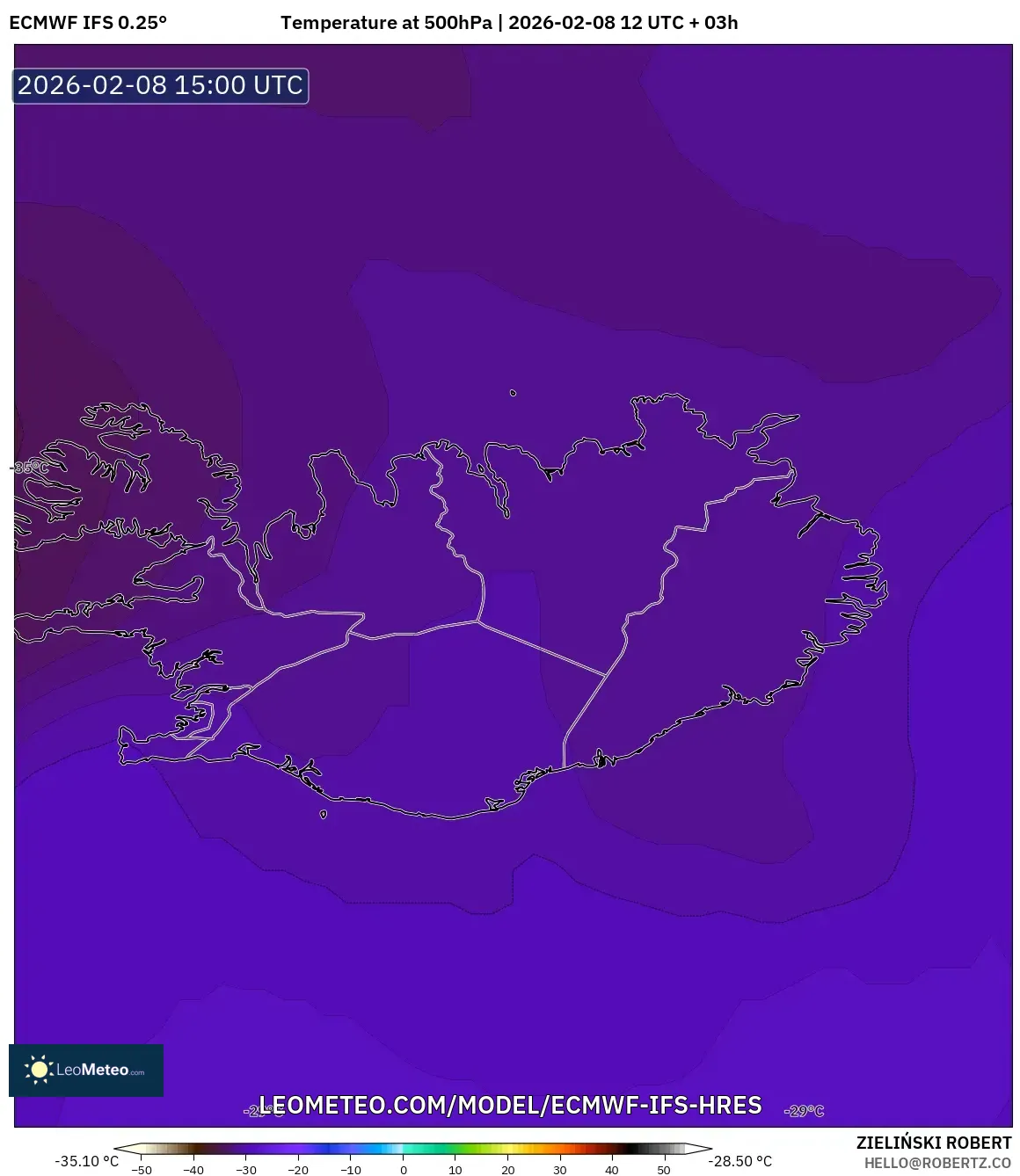 ECMWF IFS 0.25° model - Iceland, Temperature at 500hPa