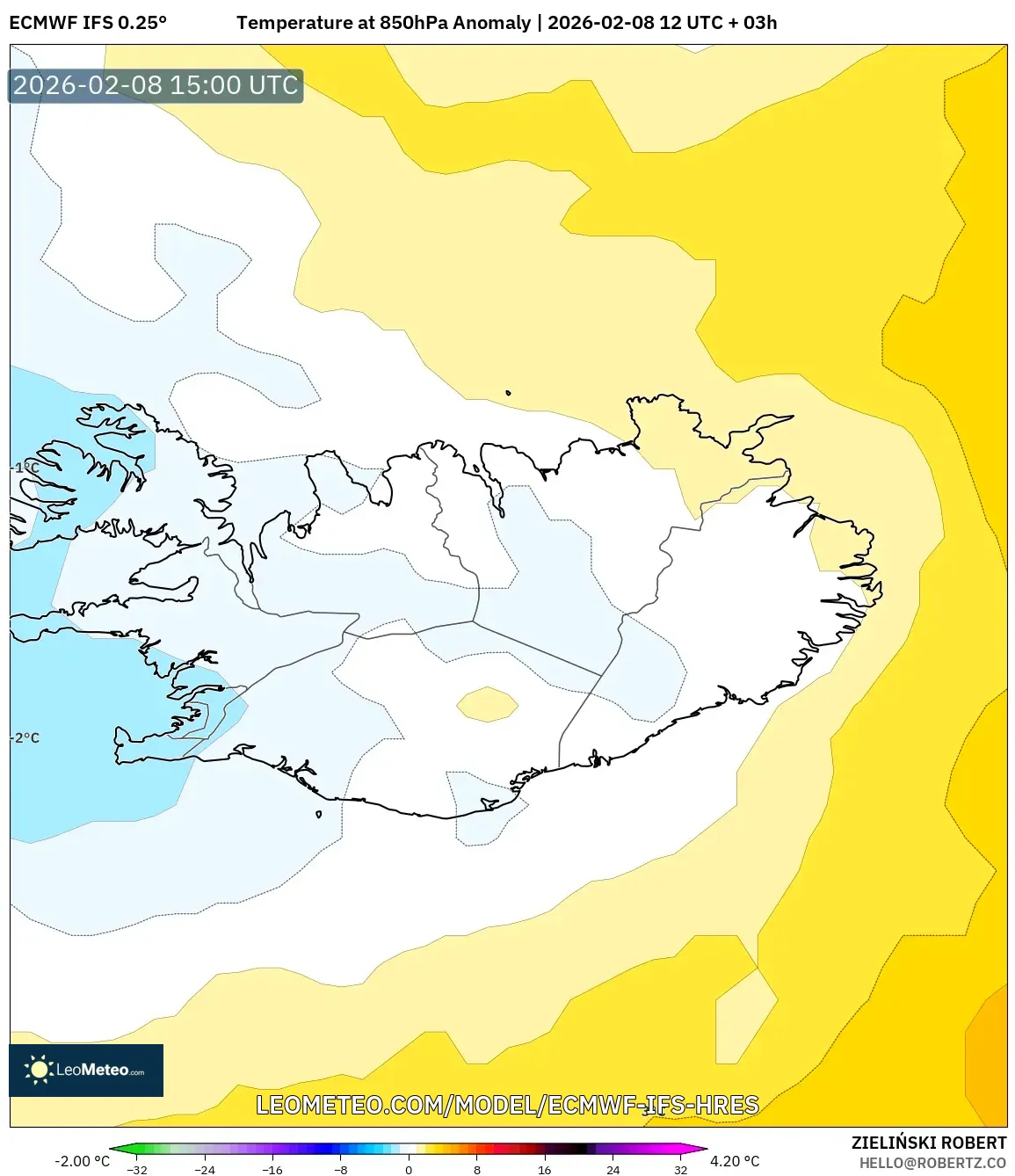 ECMWF IFS 0.25° model - Iceland, Temperature at 850hPa Anomaly