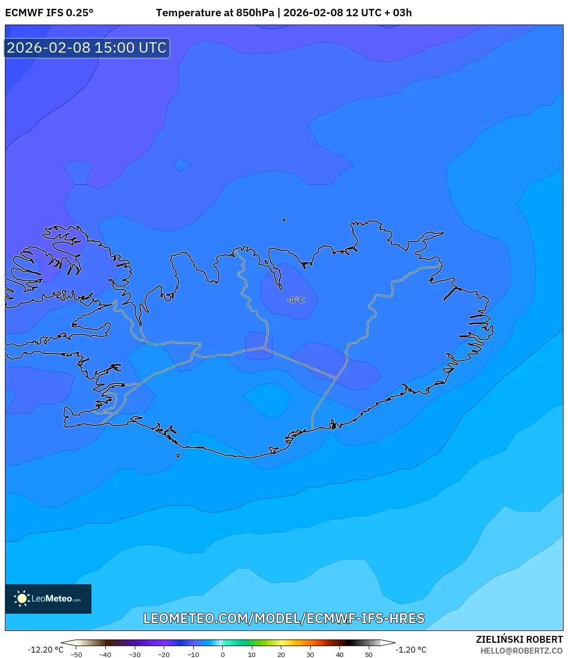 ECMWF IFS 0.25° model - Iceland, Temperature at 850hPa