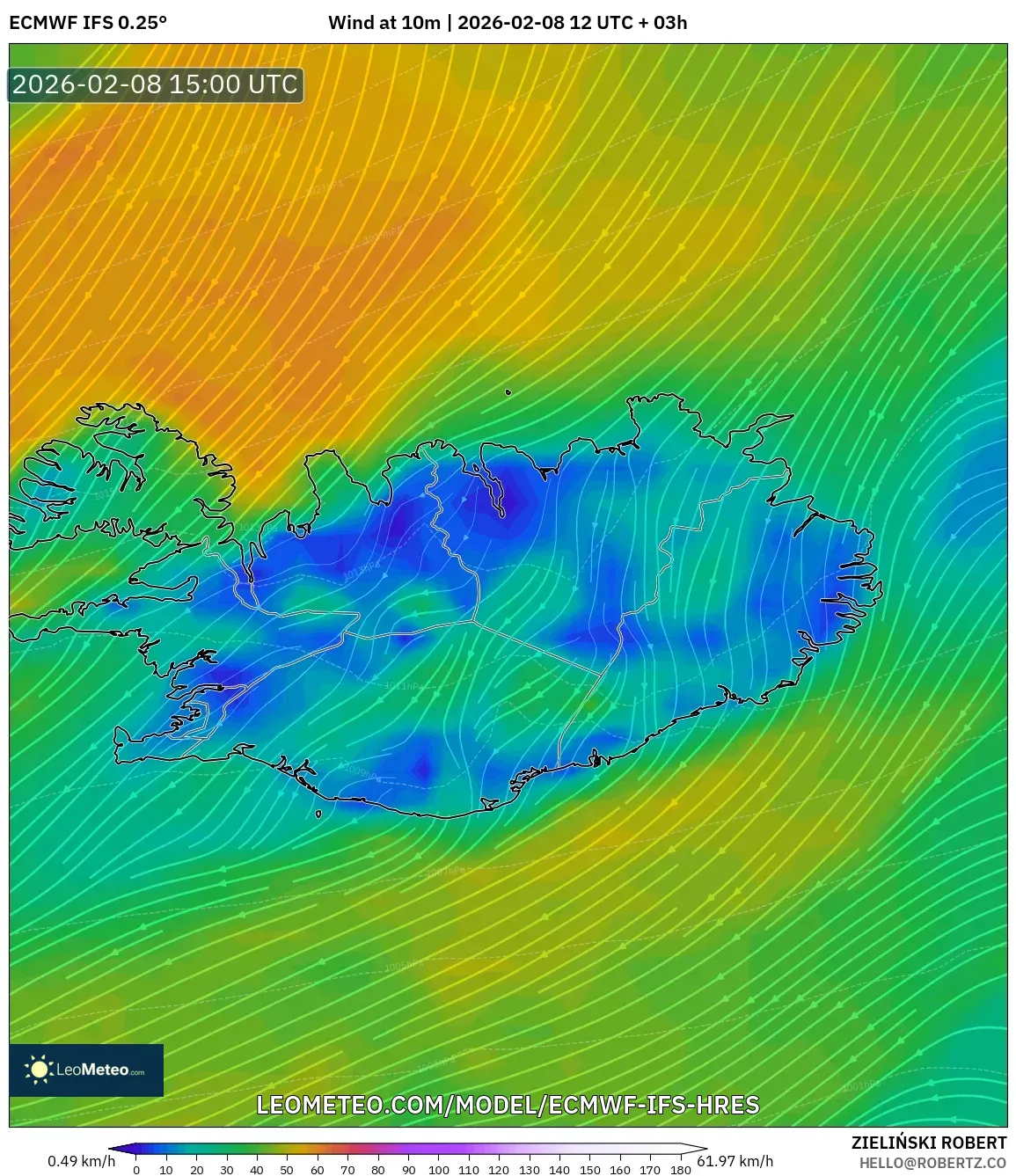 ECMWF IFS 0.25° model - Iceland, Wind at 10m