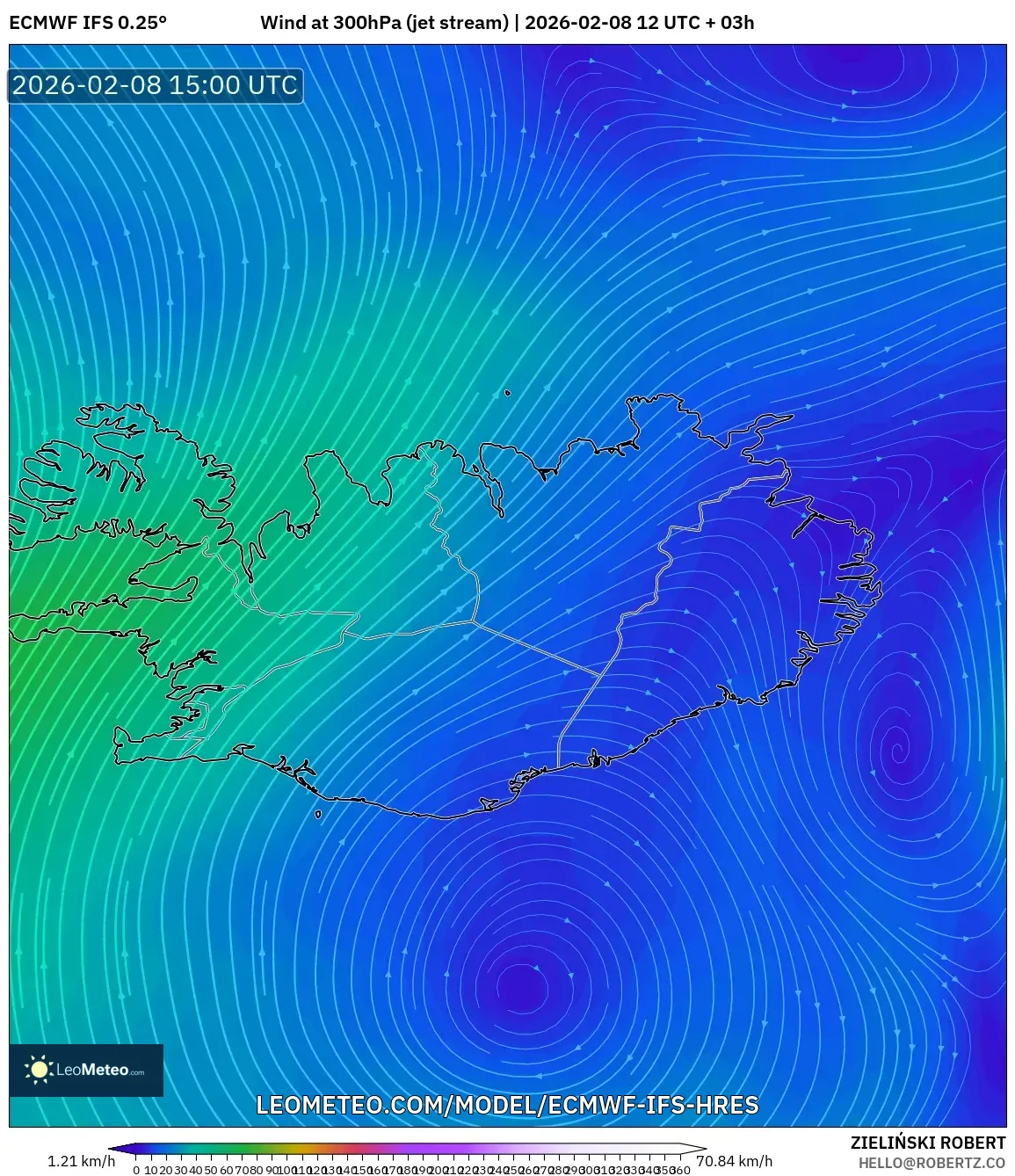ECMWF IFS 0.25° model - Iceland, Wind at 300hPa (jet stream)
