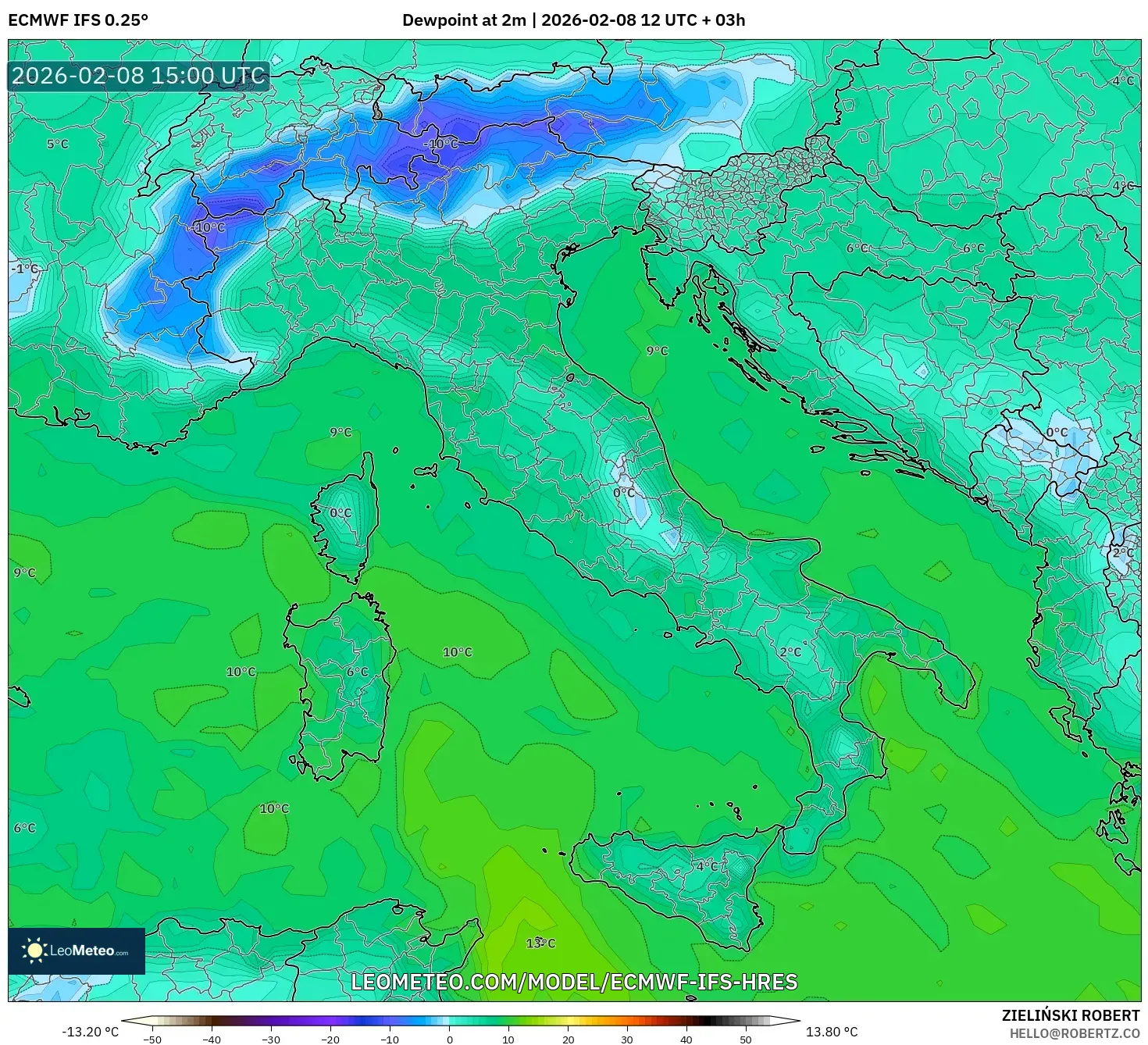 ECMWF IFS 0.25° model - Italy, Dewpoint at 2m