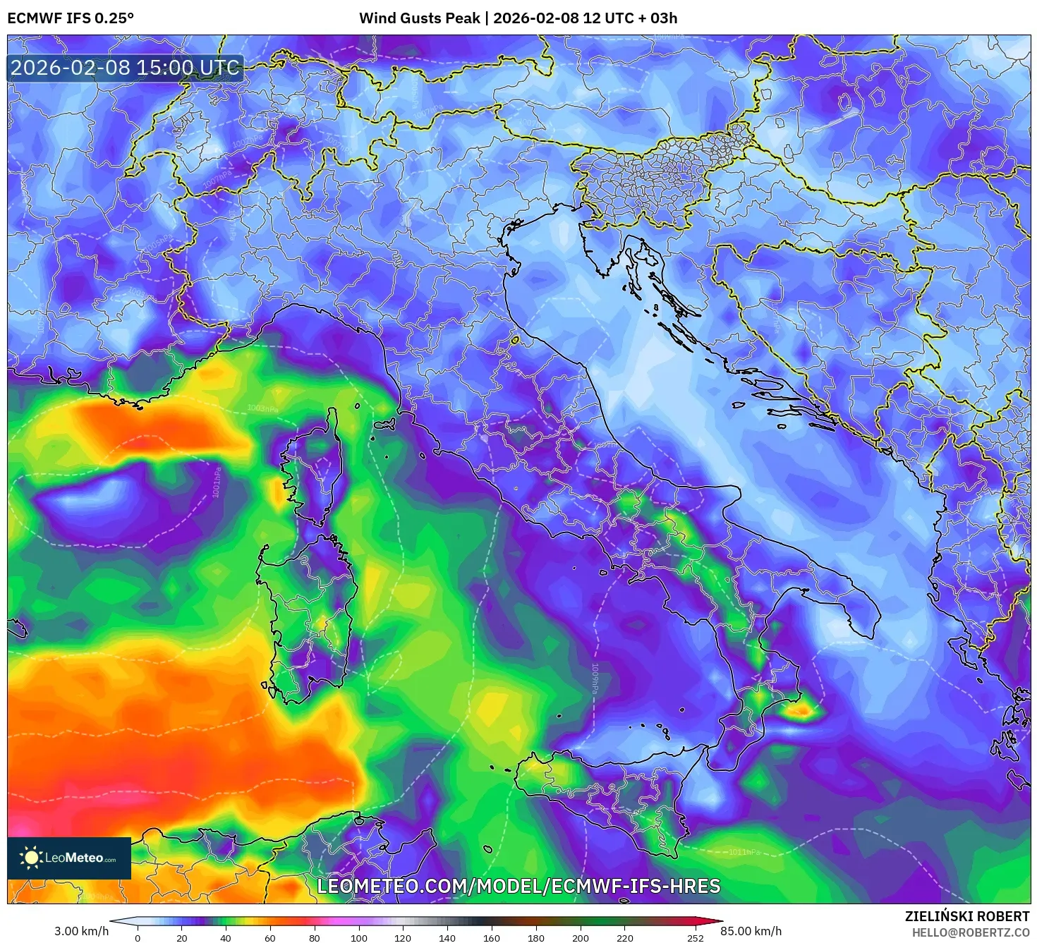 ECMWF IFS 0.25° model - Italy, Wind Gusts Peak