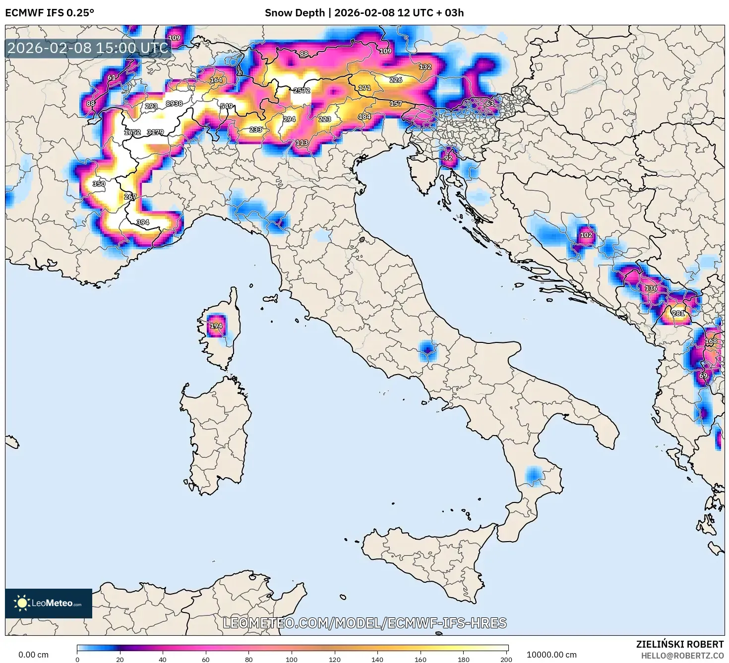 ECMWF IFS 0.25° model - Italy, Snow Depth
