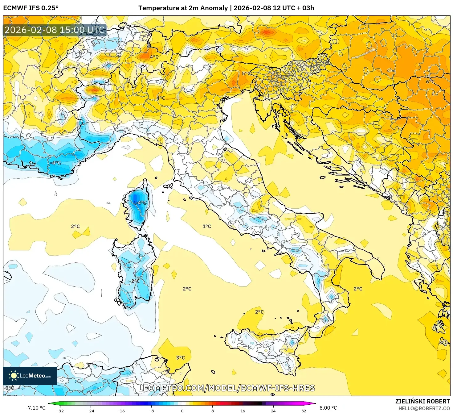 ECMWF IFS 0.25° model - Italy, Temperature at 2m Anomaly