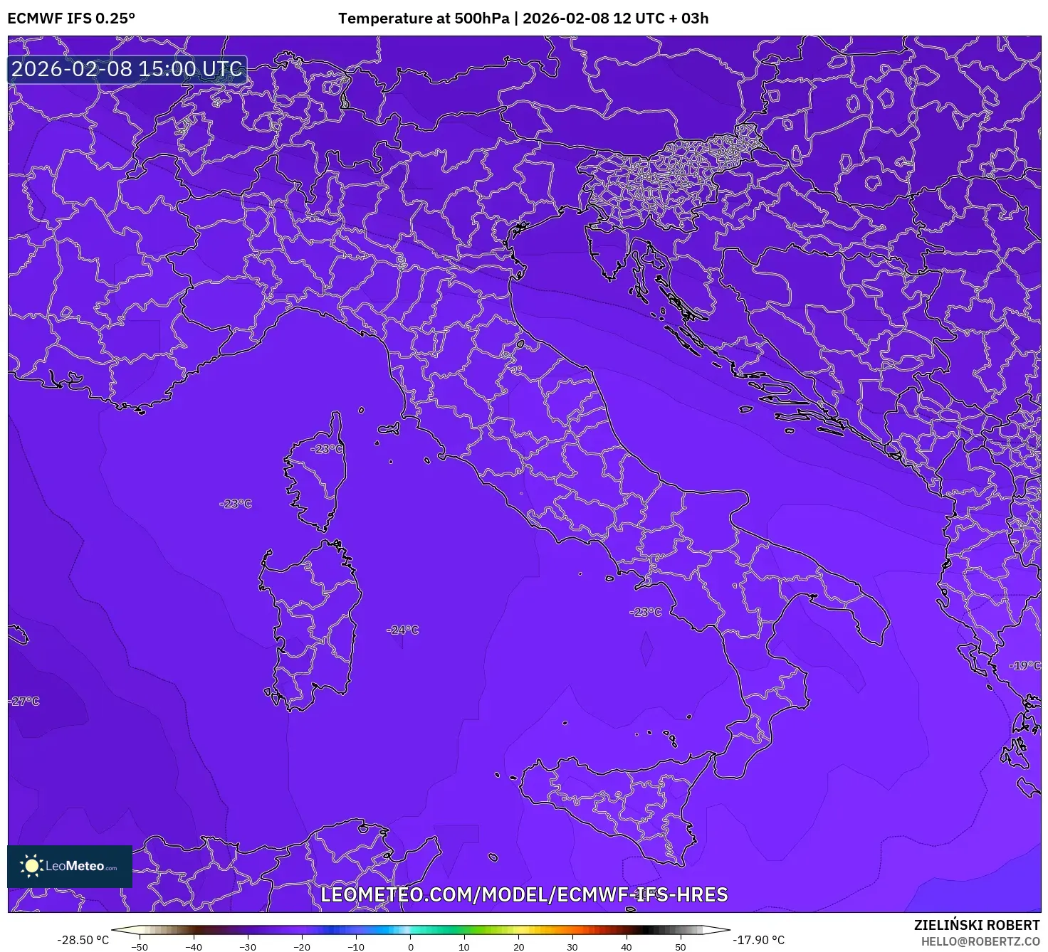 ECMWF IFS 0.25° model - Italia, Suhu 500 hPa