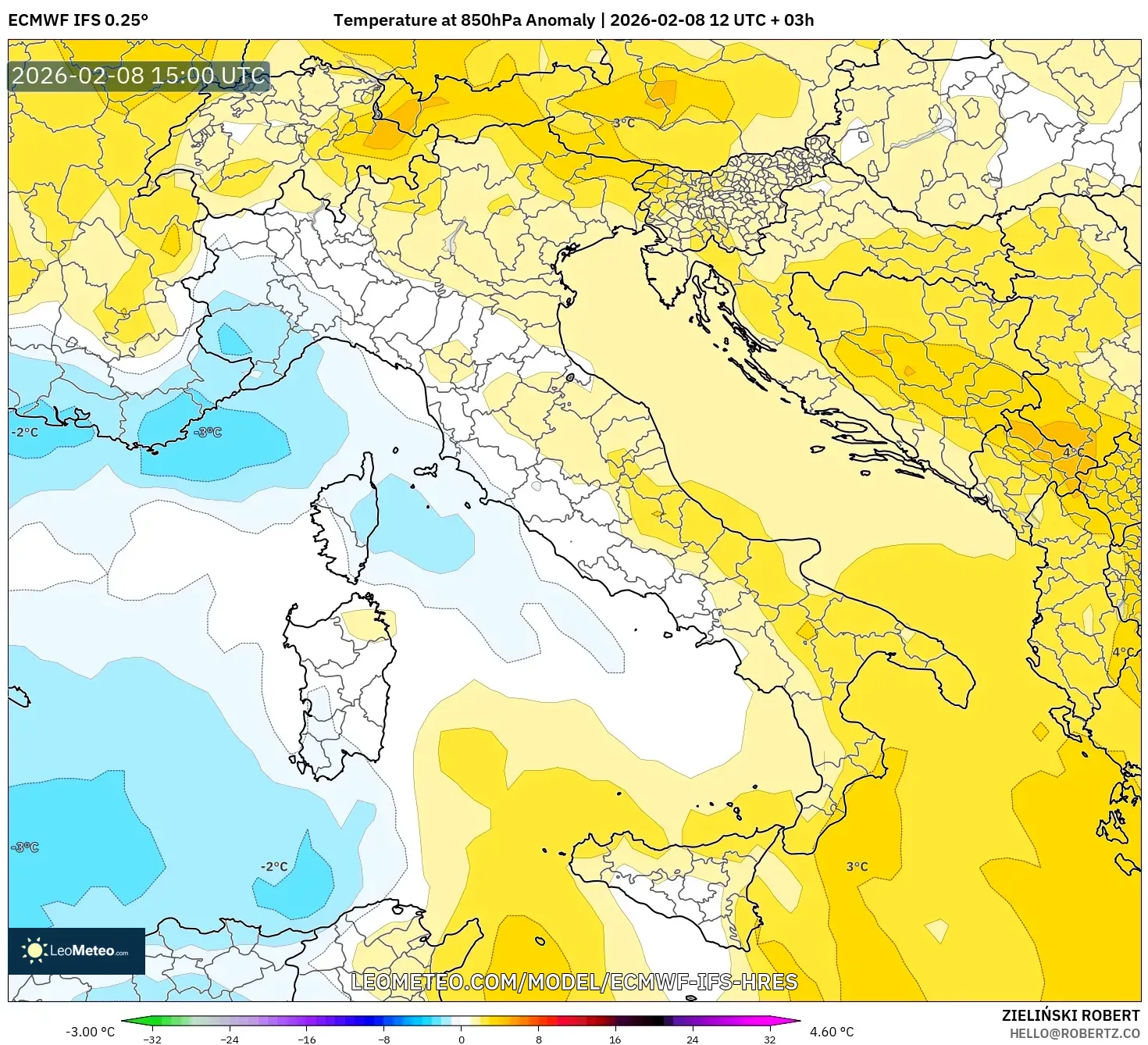 ECMWF IFS 0.25° model - Italy, Temperature at 850hPa Anomaly