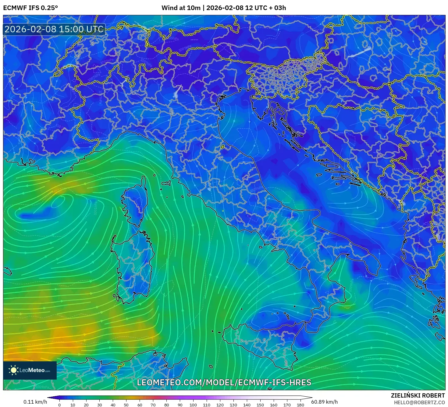 ECMWF IFS 0.25° model - Italy, Wind at 10m