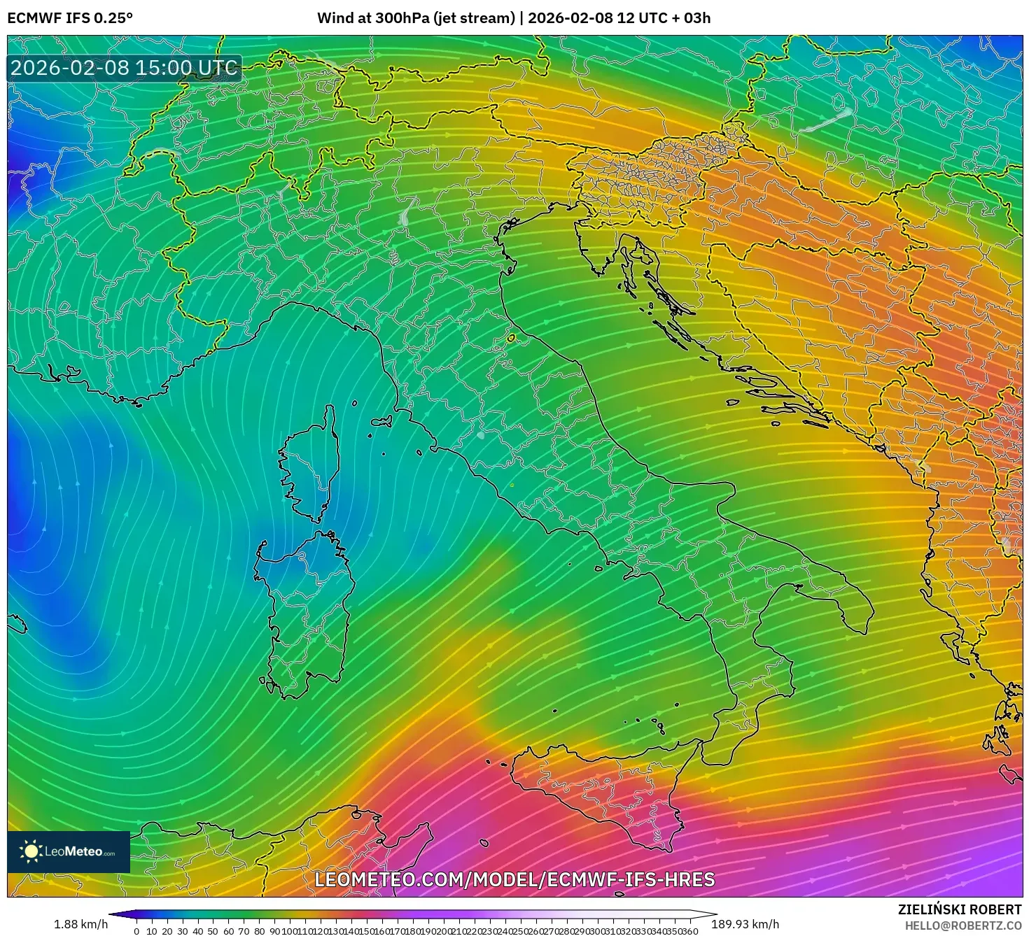 ECMWF IFS 0.25° model - Italy, Wind at 300hPa (jet stream)
