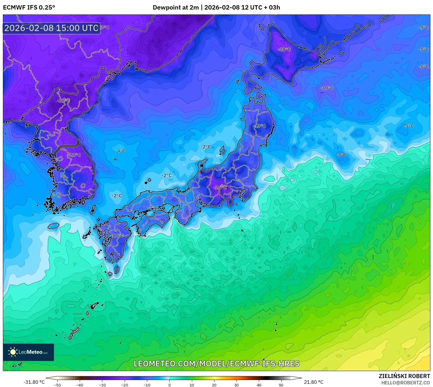 ECMWF IFS 0.25° model - Japan, Dewpoint at 2m