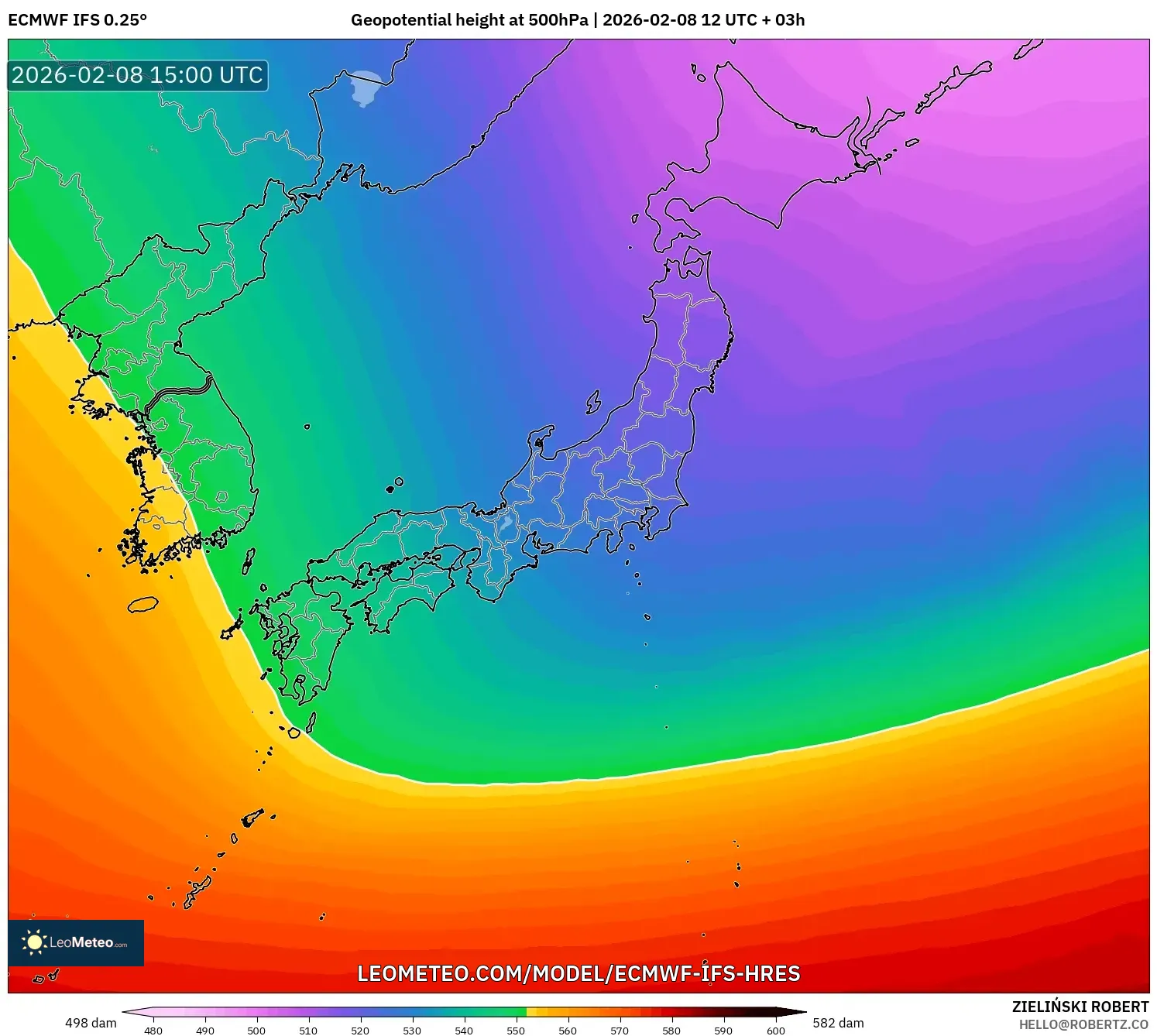 ECMWF IFS 0.25° model - Japan, Geopotential height at 500hPa