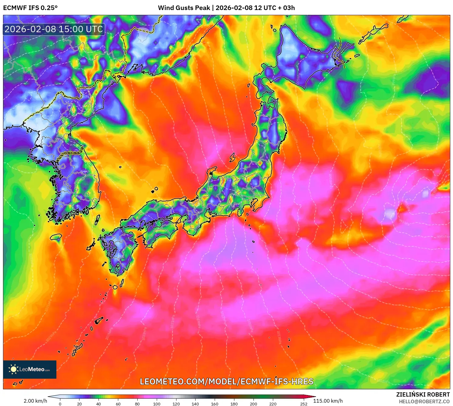 ECMWF IFS 0.25° model - Japan, Wind Gusts Peak