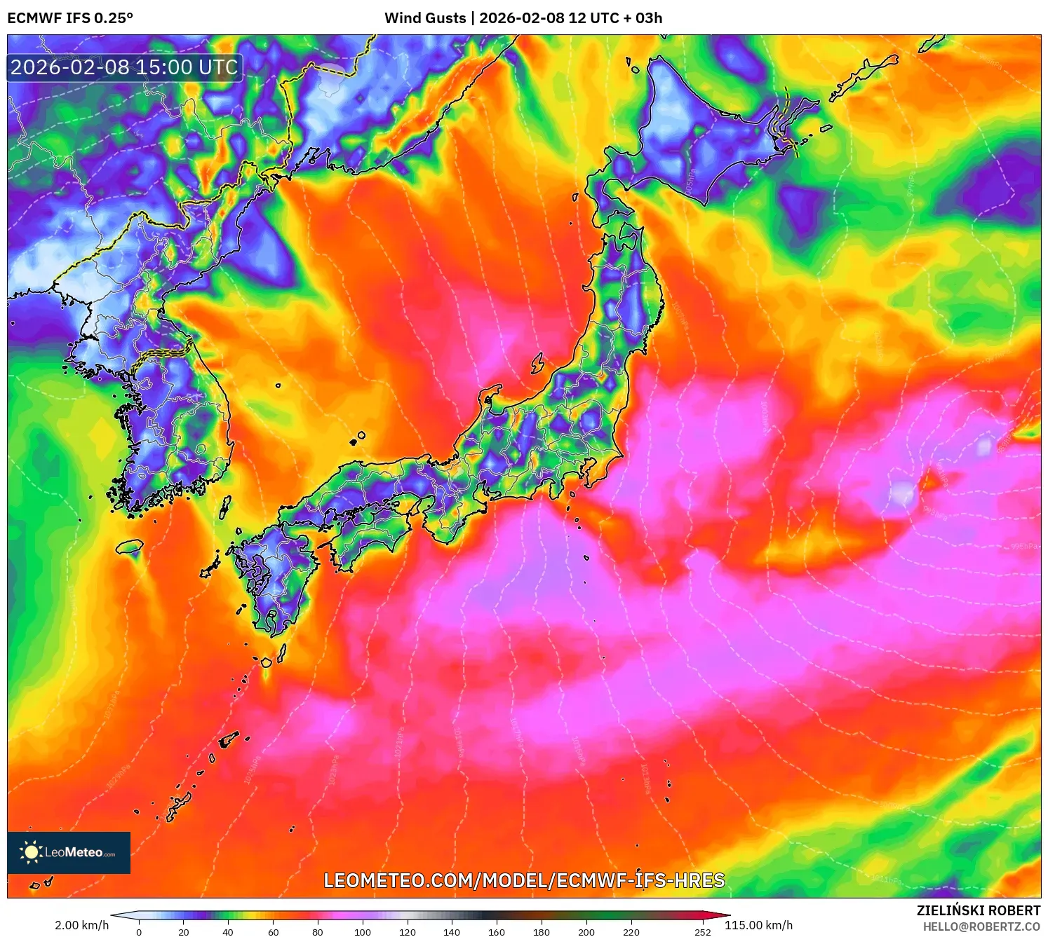 ECMWF IFS 0.25° model - Japan, Wind Gusts