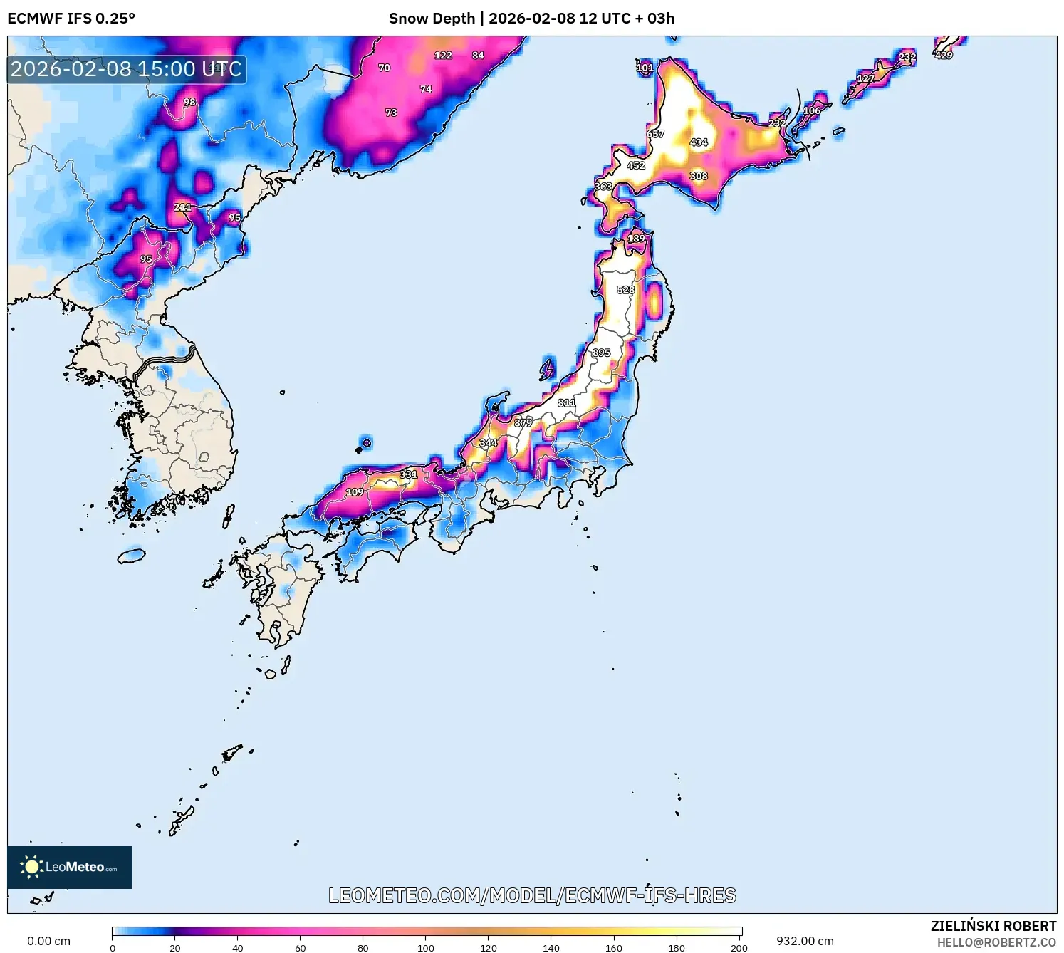 ECMWF IFS 0.25° model - Japan, Snow Depth