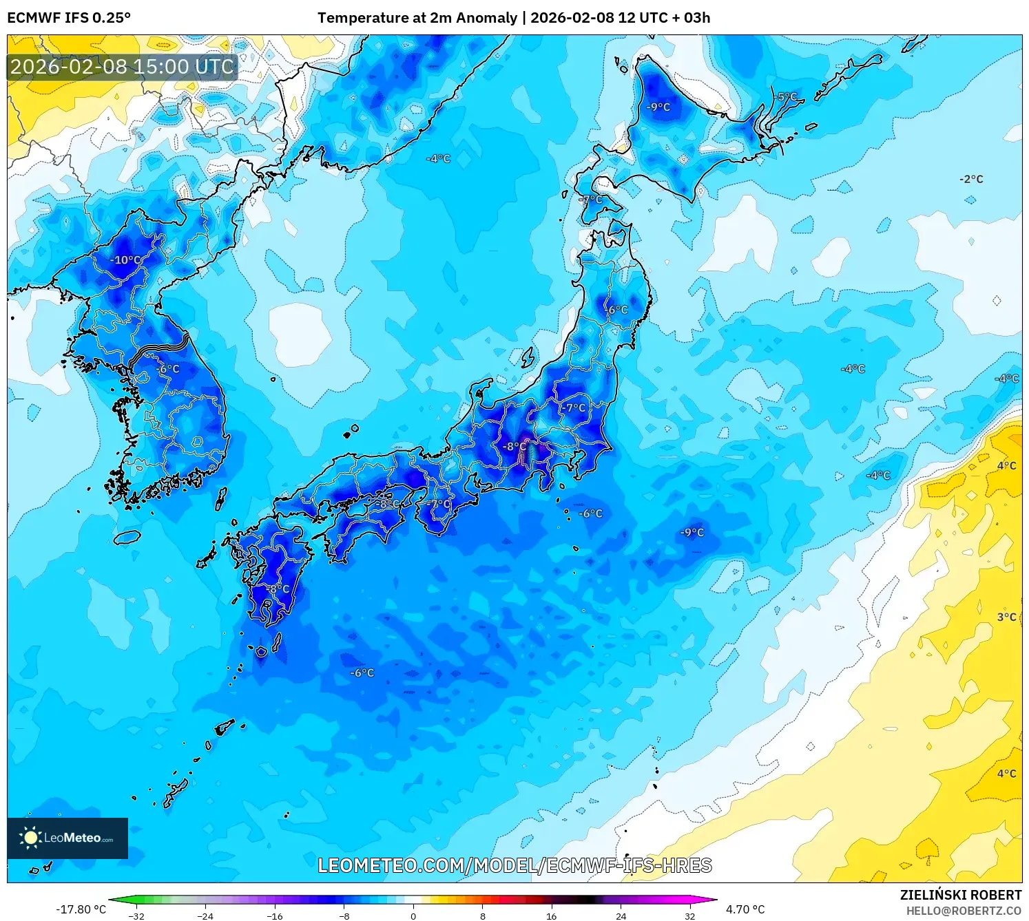 ECMWF IFS 0.25° model - Japan, Temperature at 2m Anomaly