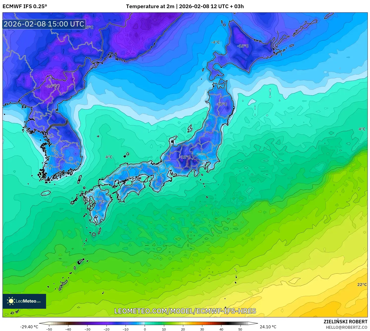 ECMWF IFS 0.25° model - Japan, Temperature at 2m