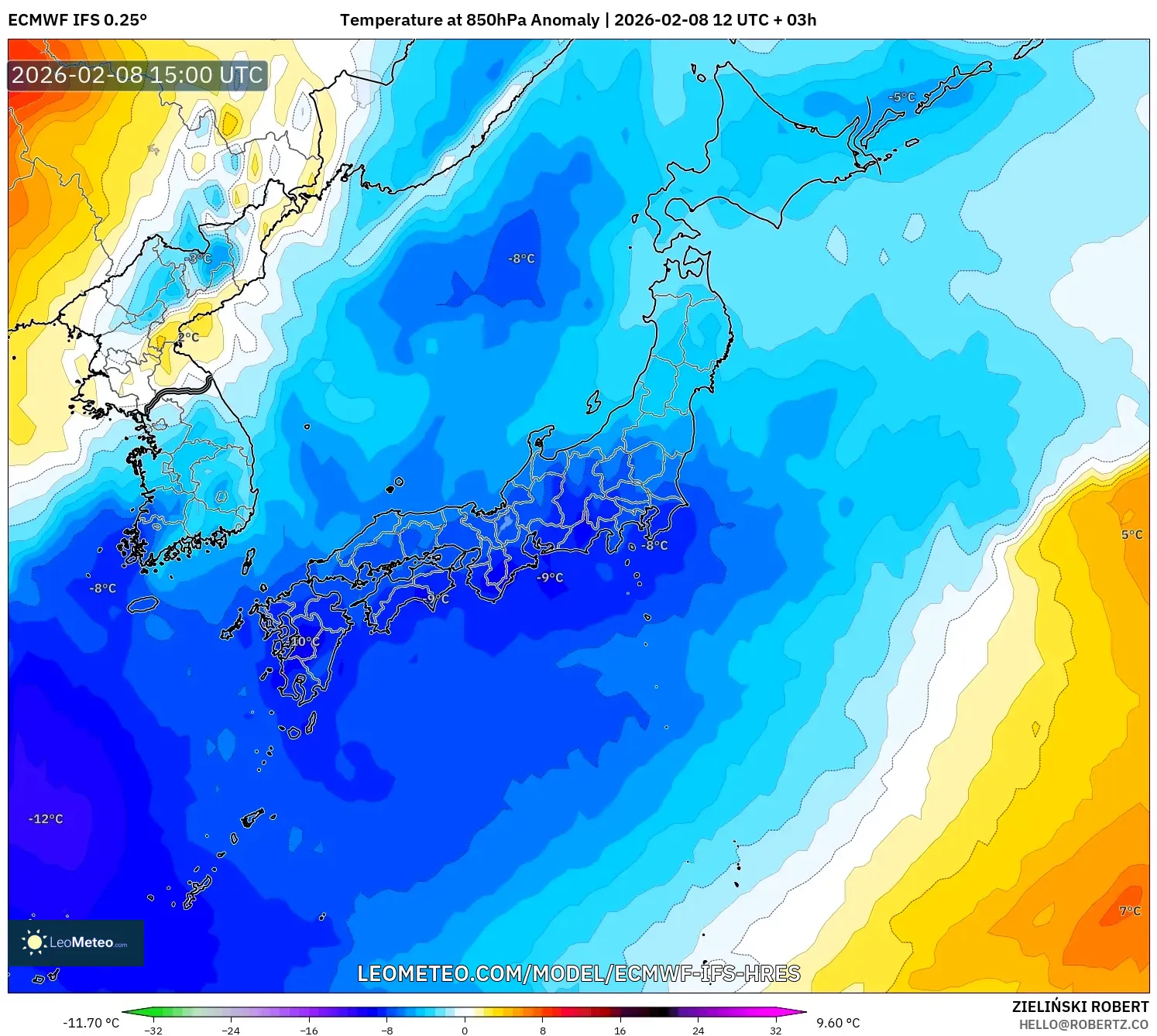 ECMWF IFS 0.25° model - Japan, Temperature at 850hPa Anomaly