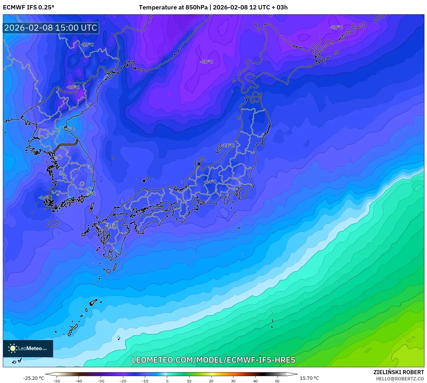 ECMWF IFS 0.25° model - Jepang, Suhu 850 hPa