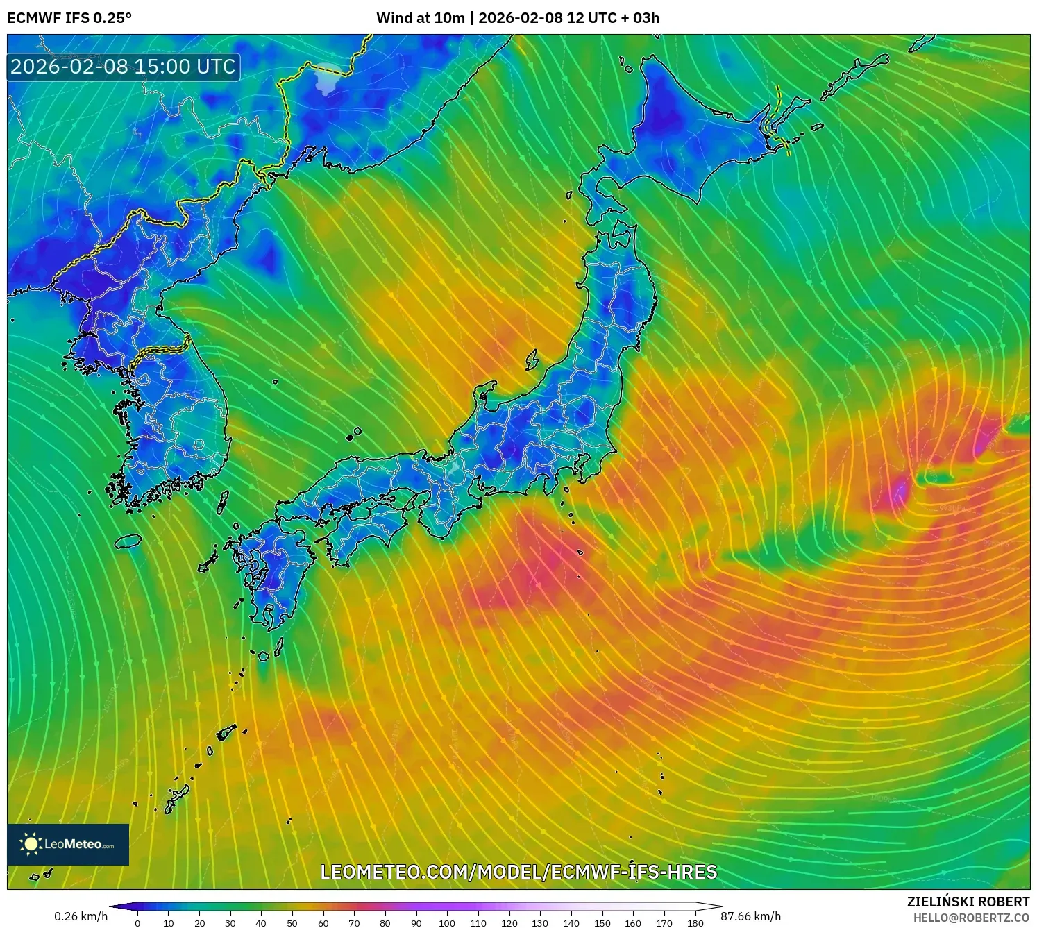 ECMWF IFS 0.25° model - Japan, Wind at 10m
