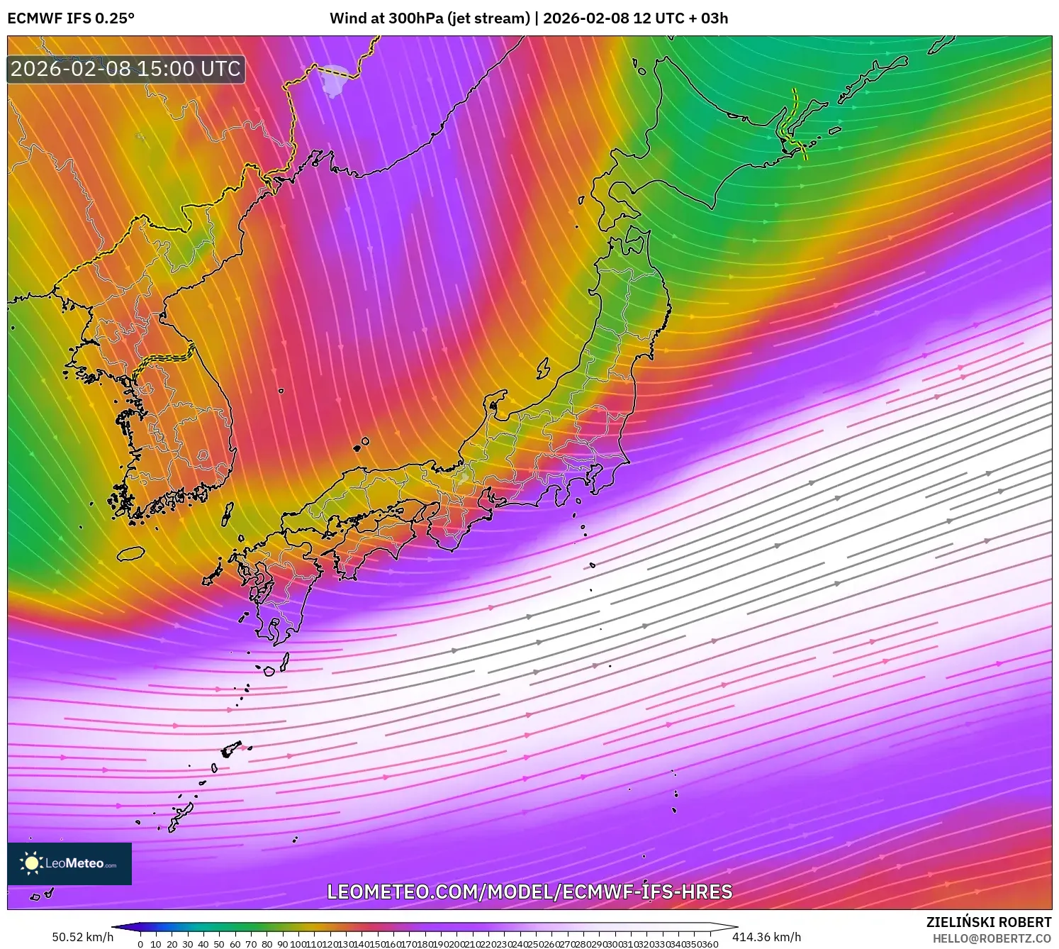 ECMWF IFS 0.25° model - Japan, Wind at 300hPa (jet stream)
