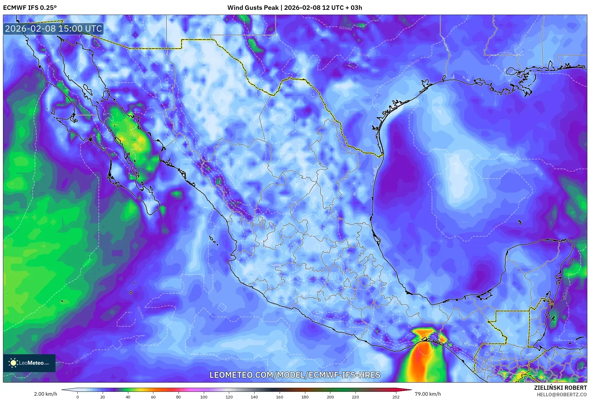 ECMWF IFS 0.25° model - Mexico, Wind Gusts Peak