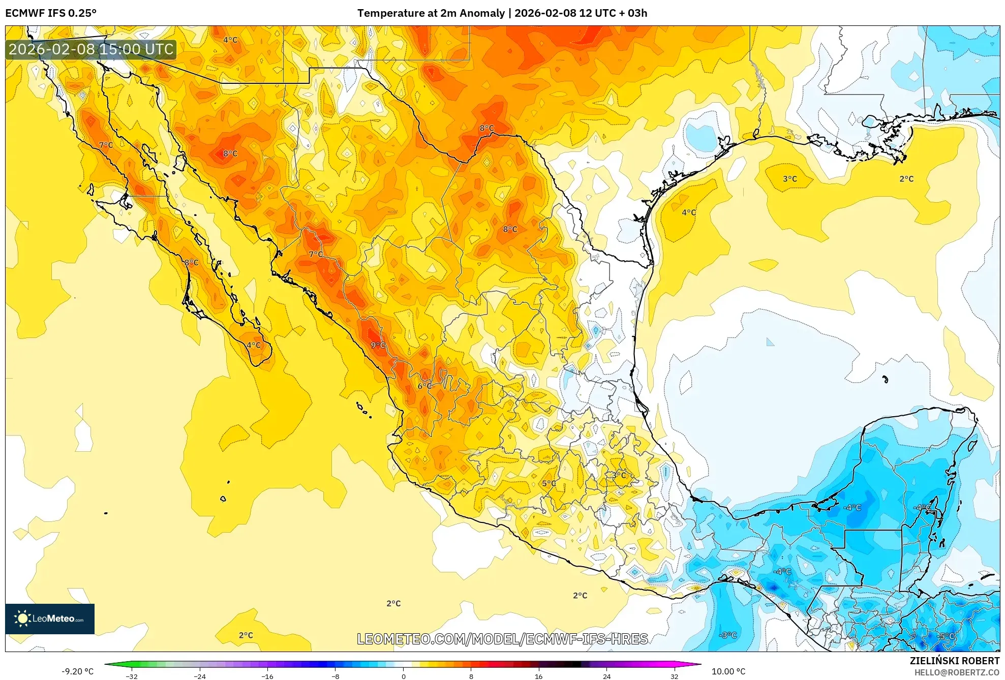 ECMWF IFS 0.25° model - Mexico, Temperature at 2m Anomaly