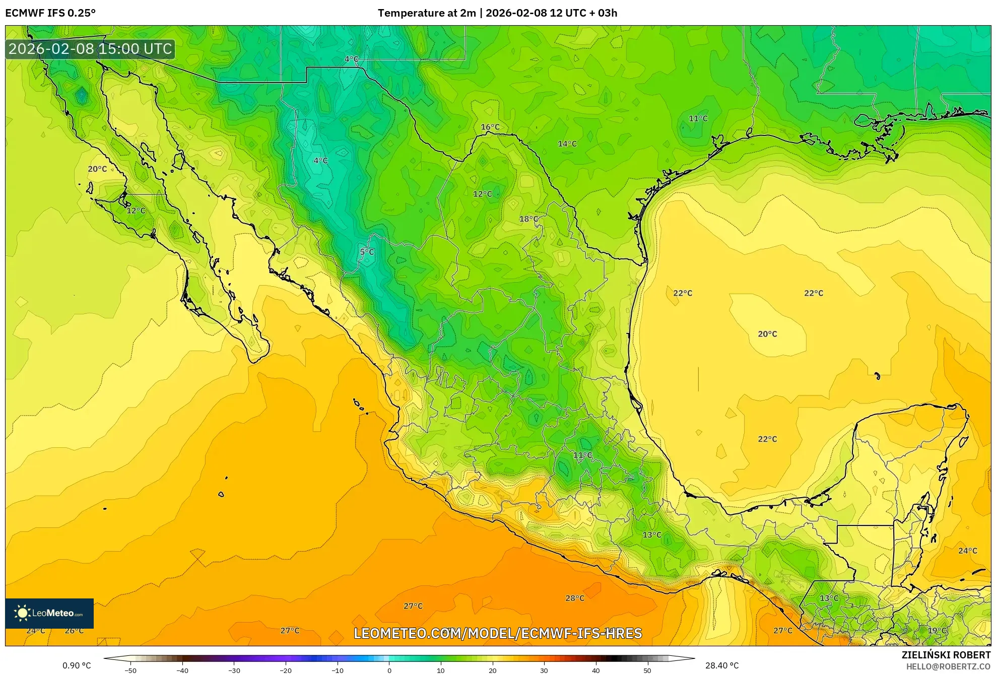 ECMWF IFS 0.25° model - Meksiko, Suhu 2 m