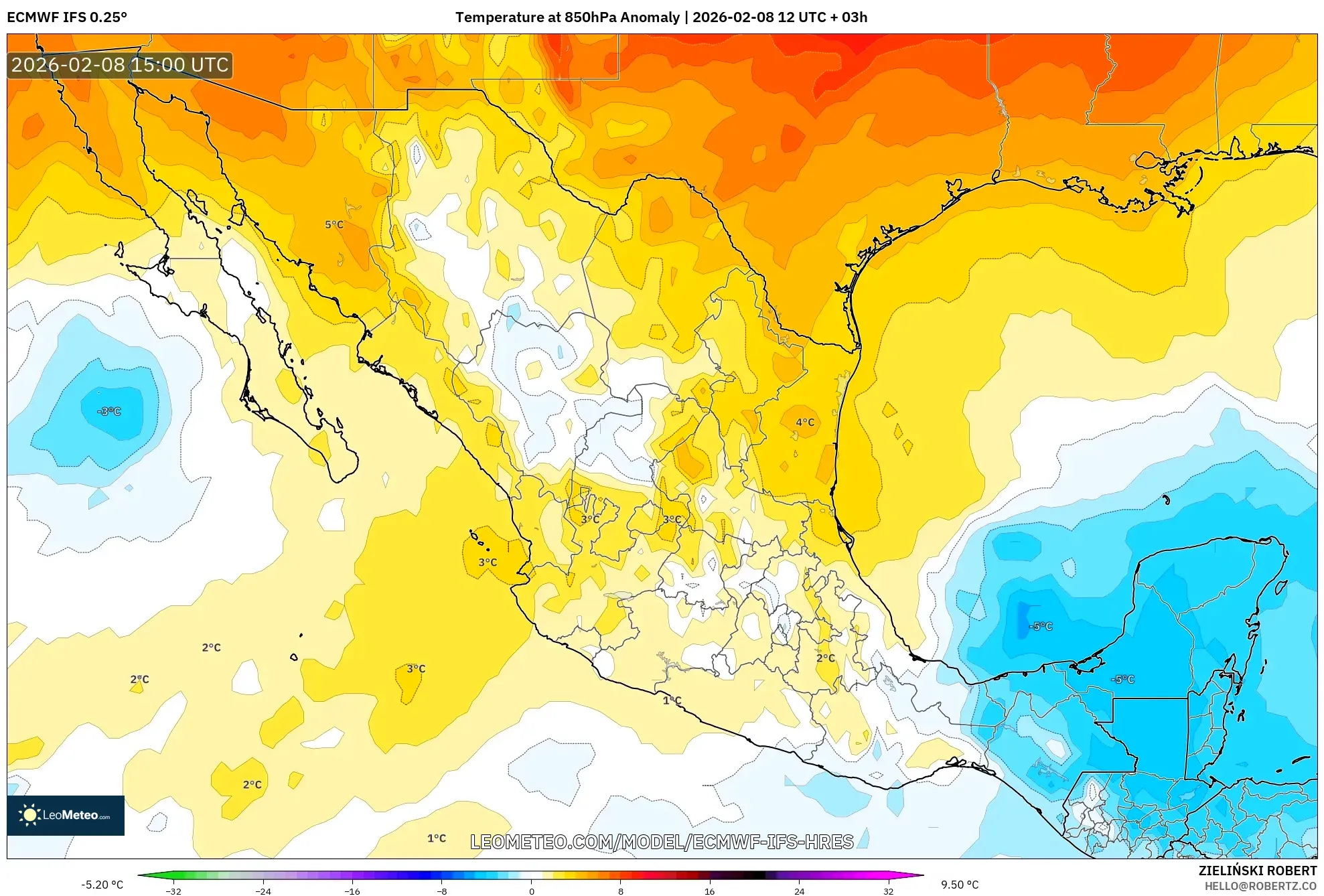 ECMWF IFS 0.25° model - Meksiko, Anomali Suhu 850 hPa