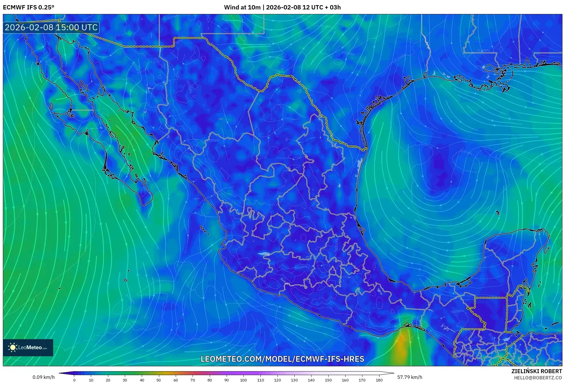 ECMWF IFS 0.25° model - Meksiko, Angin 10 m