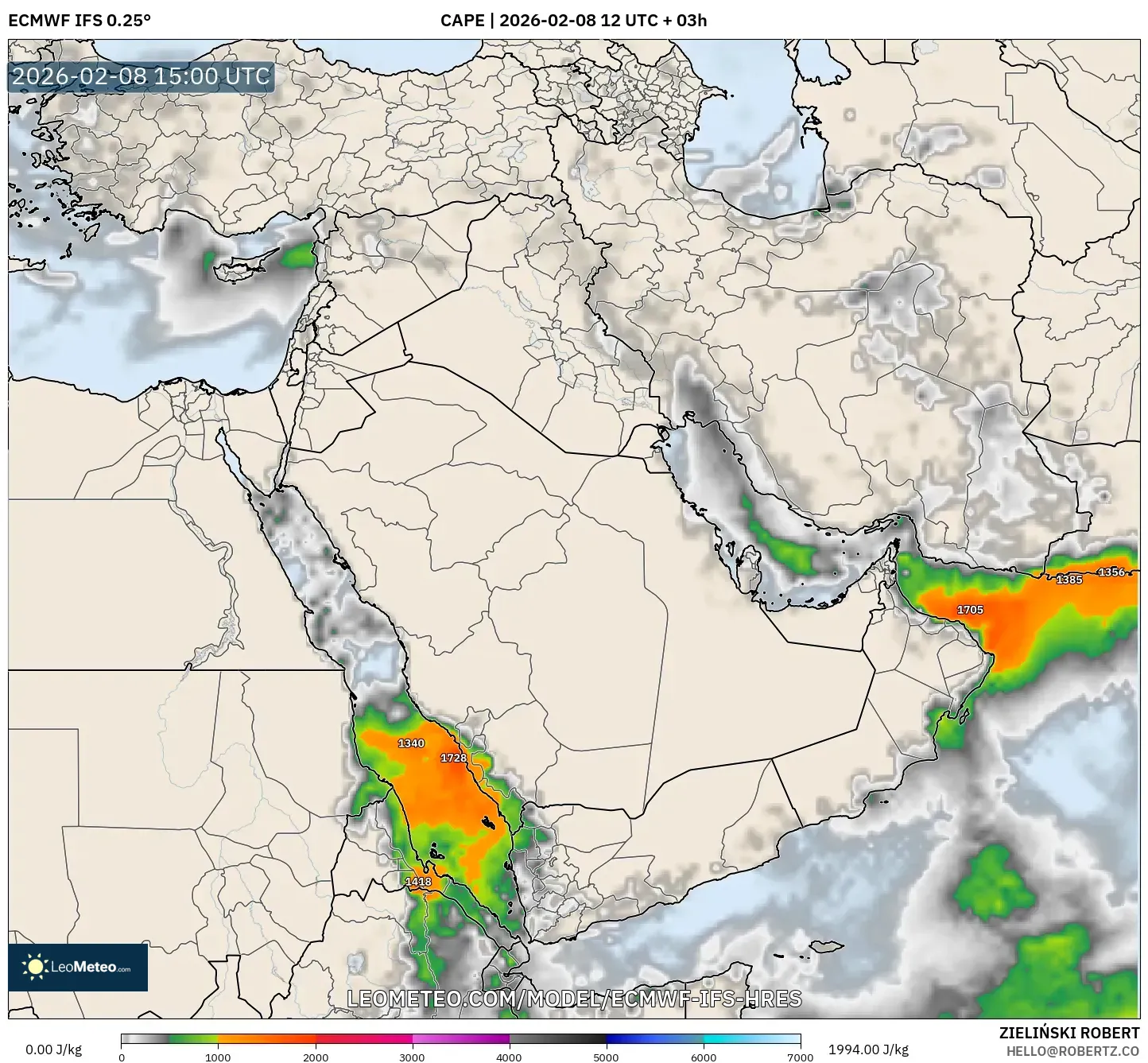 ECMWF IFS 0.25° model - Timur Tengah, CAPE