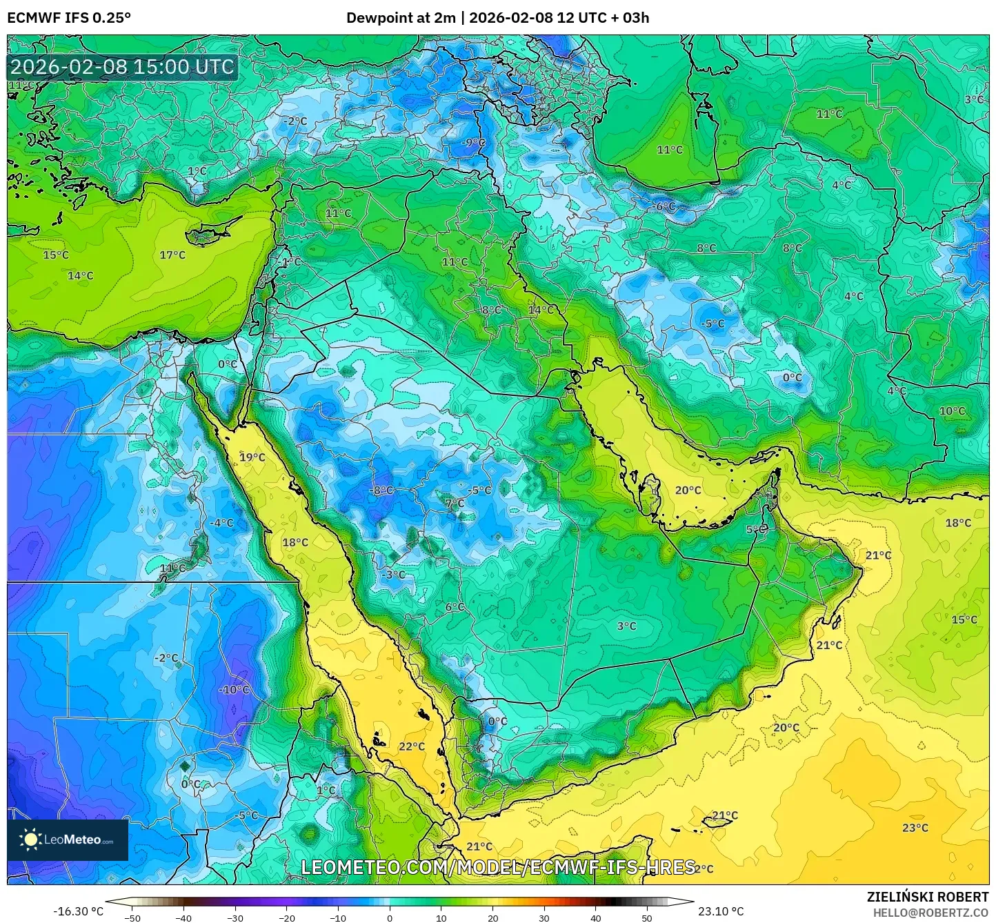 ECMWF IFS 0.25° model - Timur Tengah, Titik Embun 2 m
