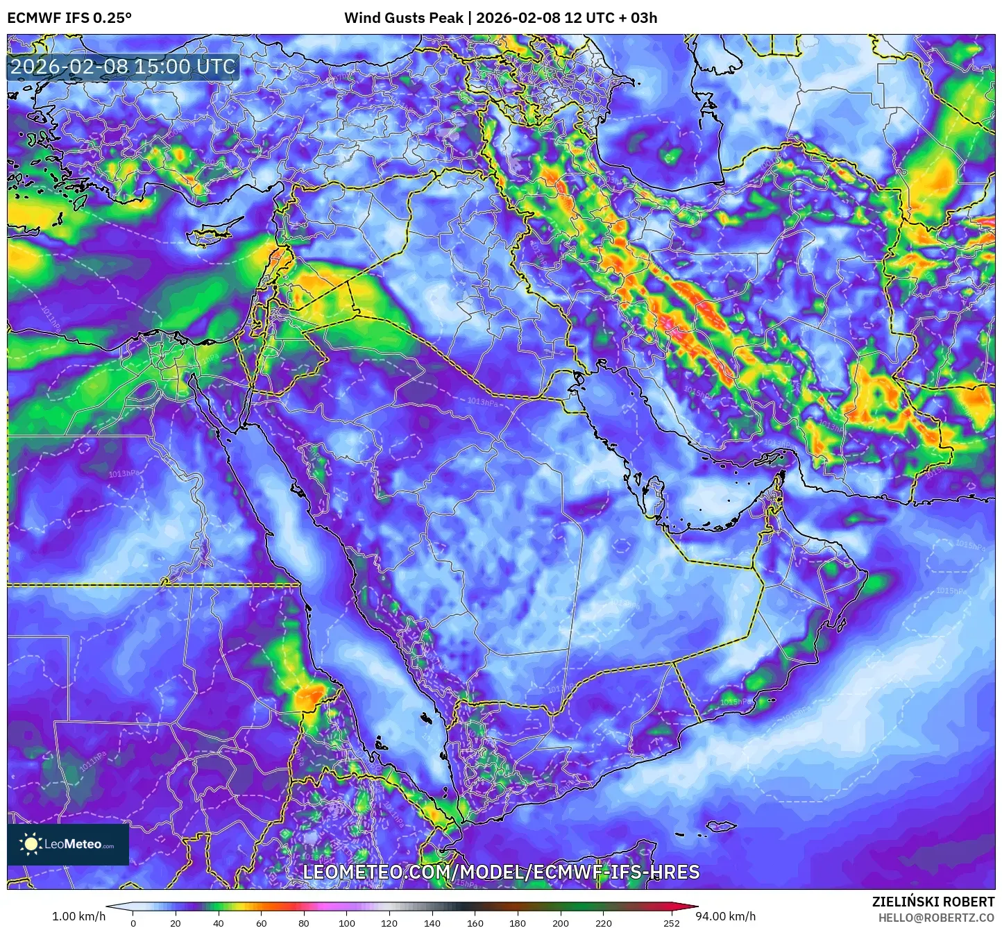 ECMWF IFS 0.25° model - Middle East, Wind Gusts Peak