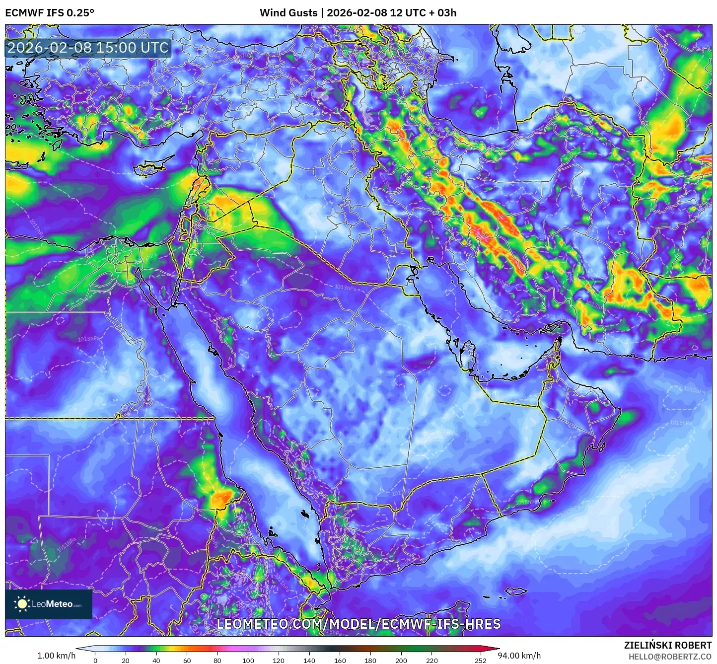 ECMWF IFS 0.25° model - Timur Tengah, Hembusan Angin