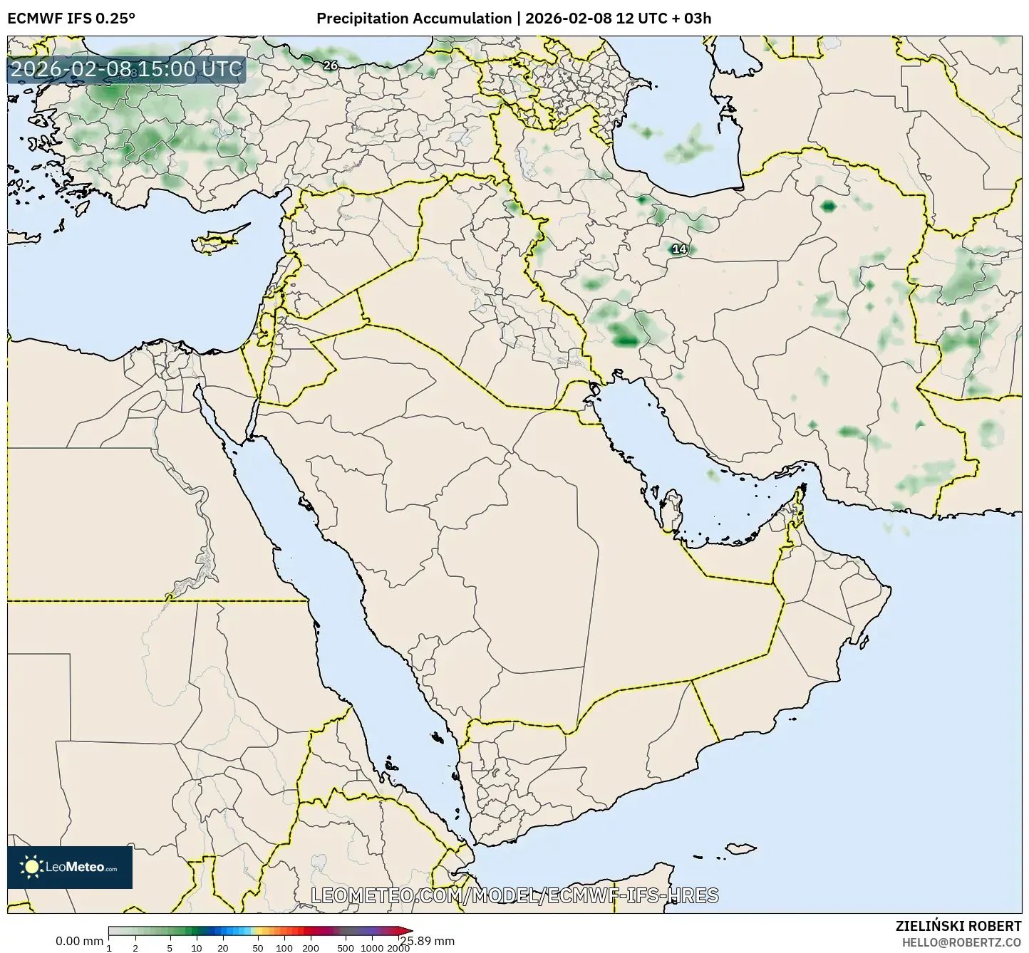 ECMWF IFS 0.25° model - Timur Tengah, Akumulasi Curah Hujan