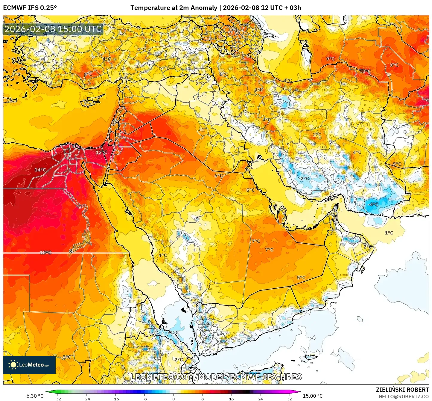 ECMWF IFS 0.25° model - Middle East, Temperature at 2m Anomaly