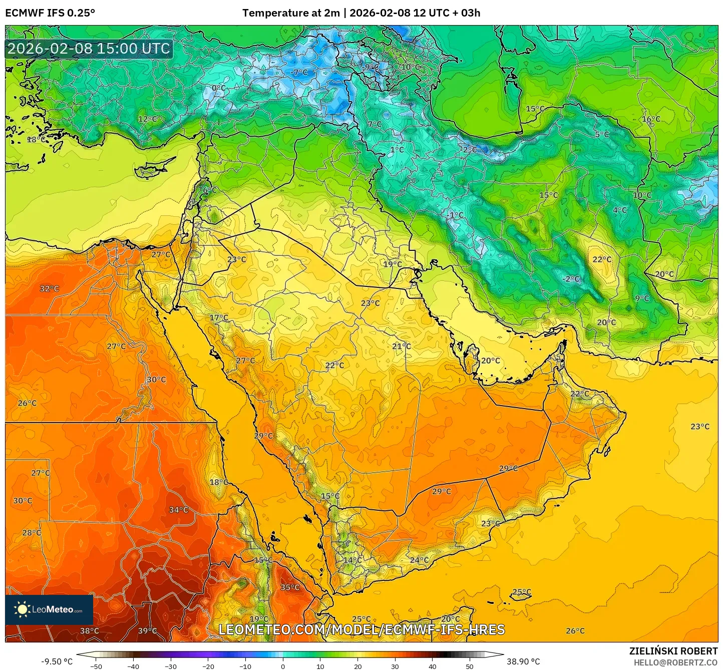 ECMWF IFS 0.25° model - Middle East, Temperature at 2m