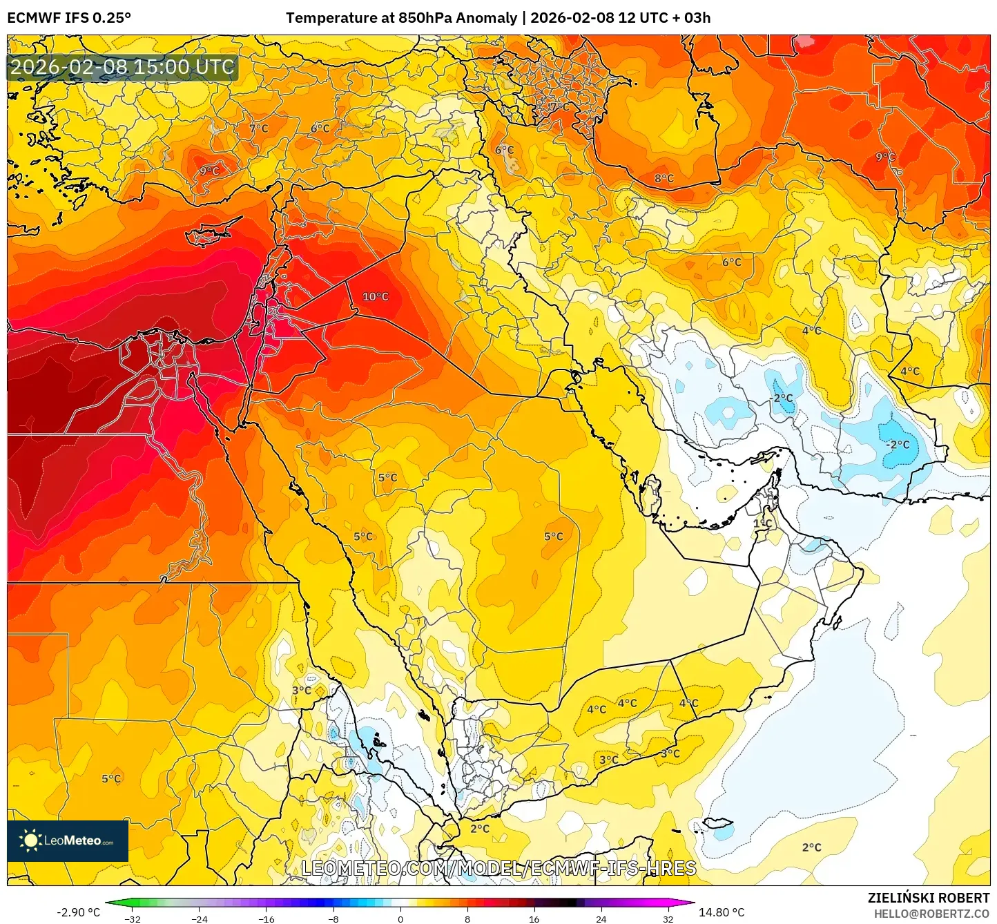 ECMWF IFS 0.25° model - Timur Tengah, Anomali Suhu 850 hPa